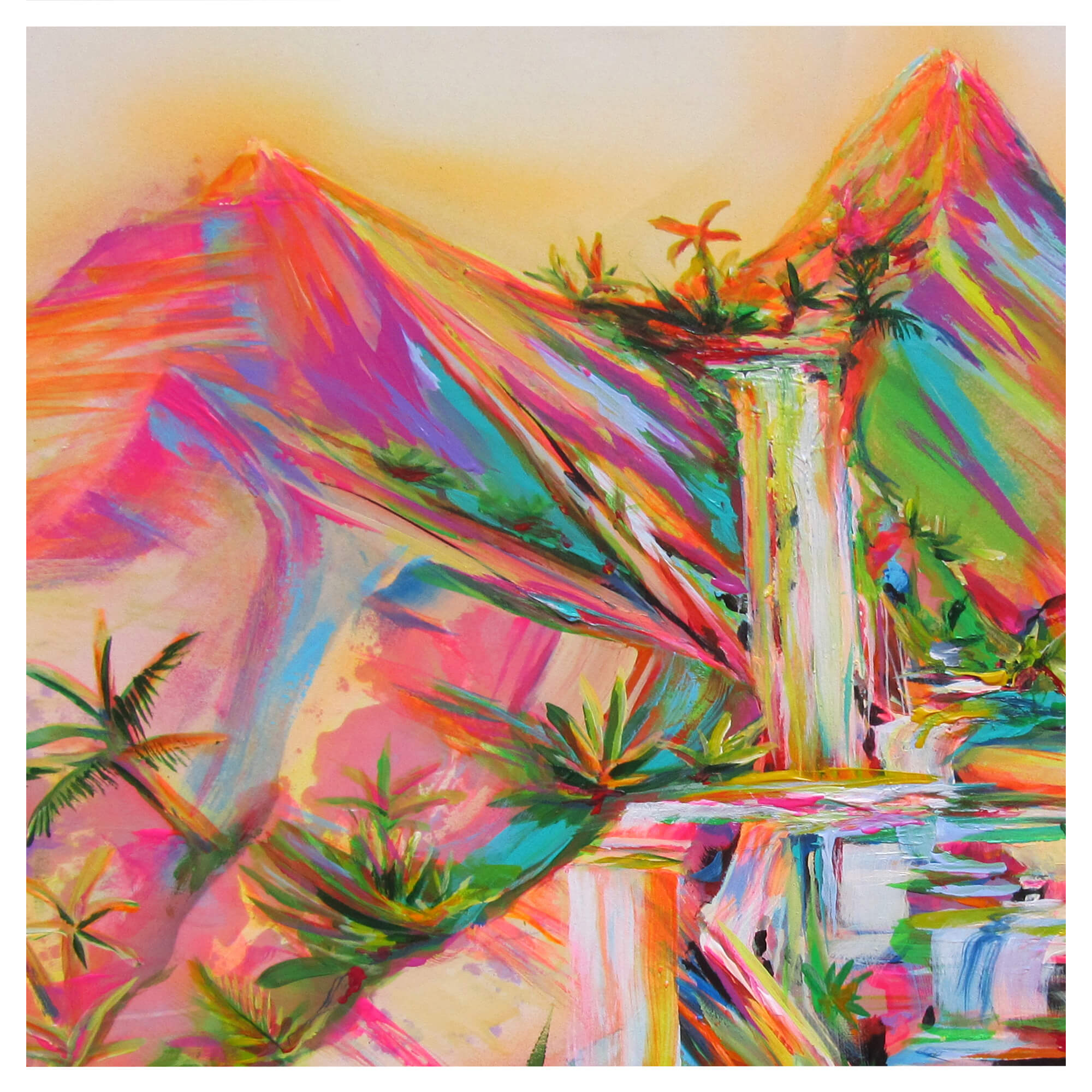 Mountain peak and waterfall by Hawaii artist Jess Burda