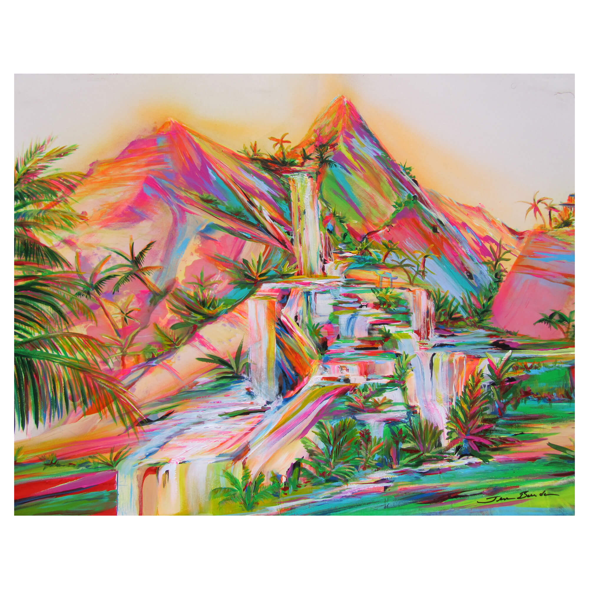 Mountain filled with waterfalls and tropical plants by Hawaii artist Jess Burda