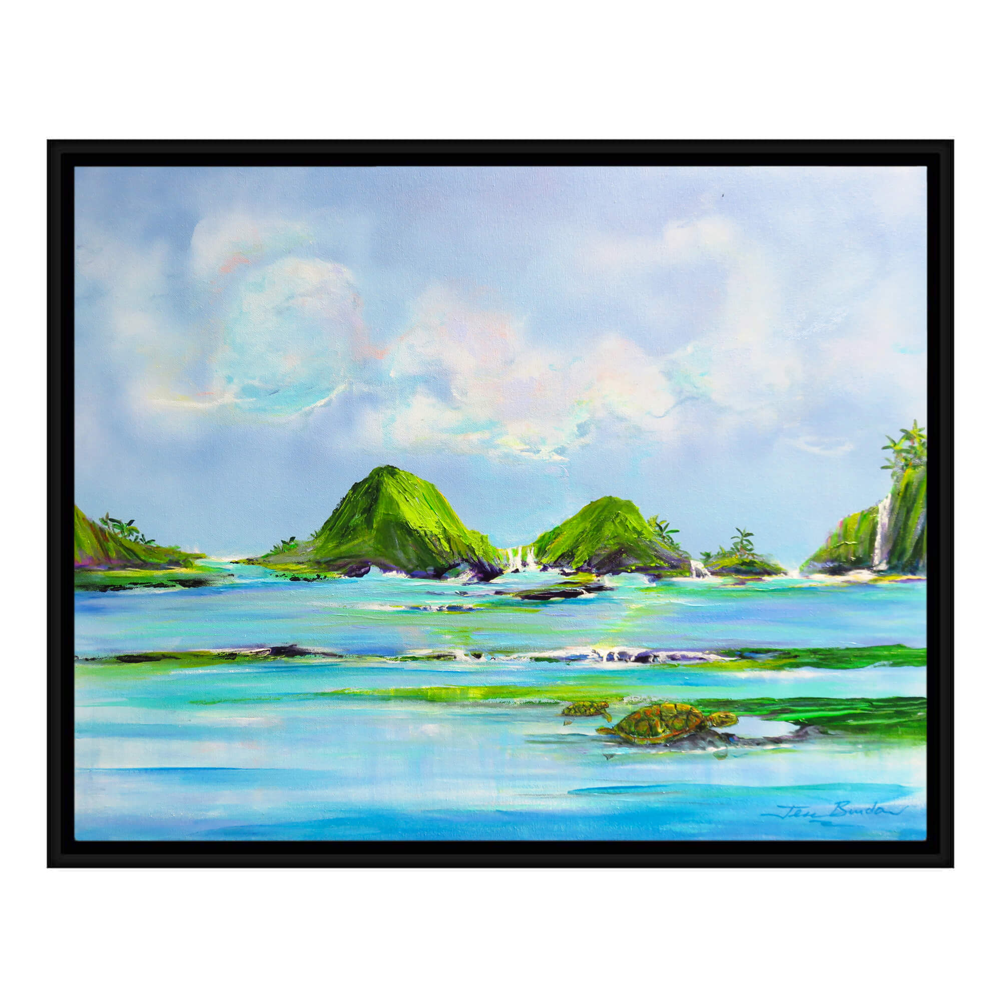 A seascape with teal and green-hued ocean water by Hawaii artist Jess Burda
