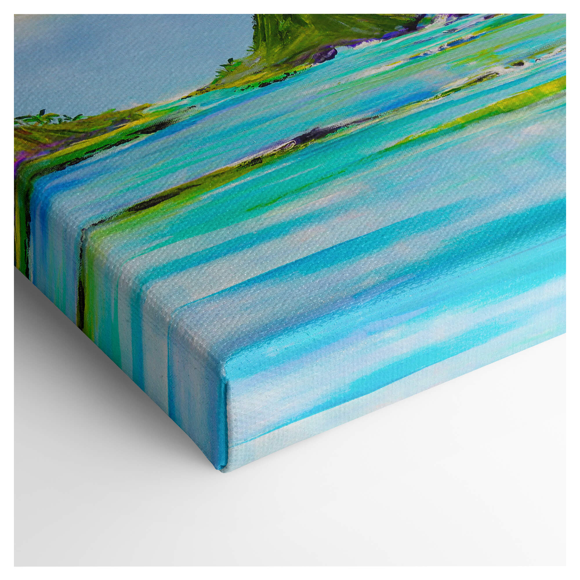 Green and teal colored ocean water and distant mountain by Hawaii artist Jess Burda