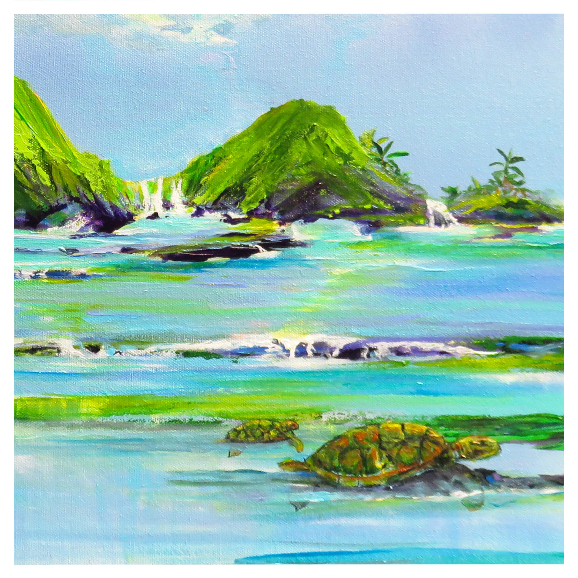 Sea turtles and distant mountains by Hawaii artist Jess Burda