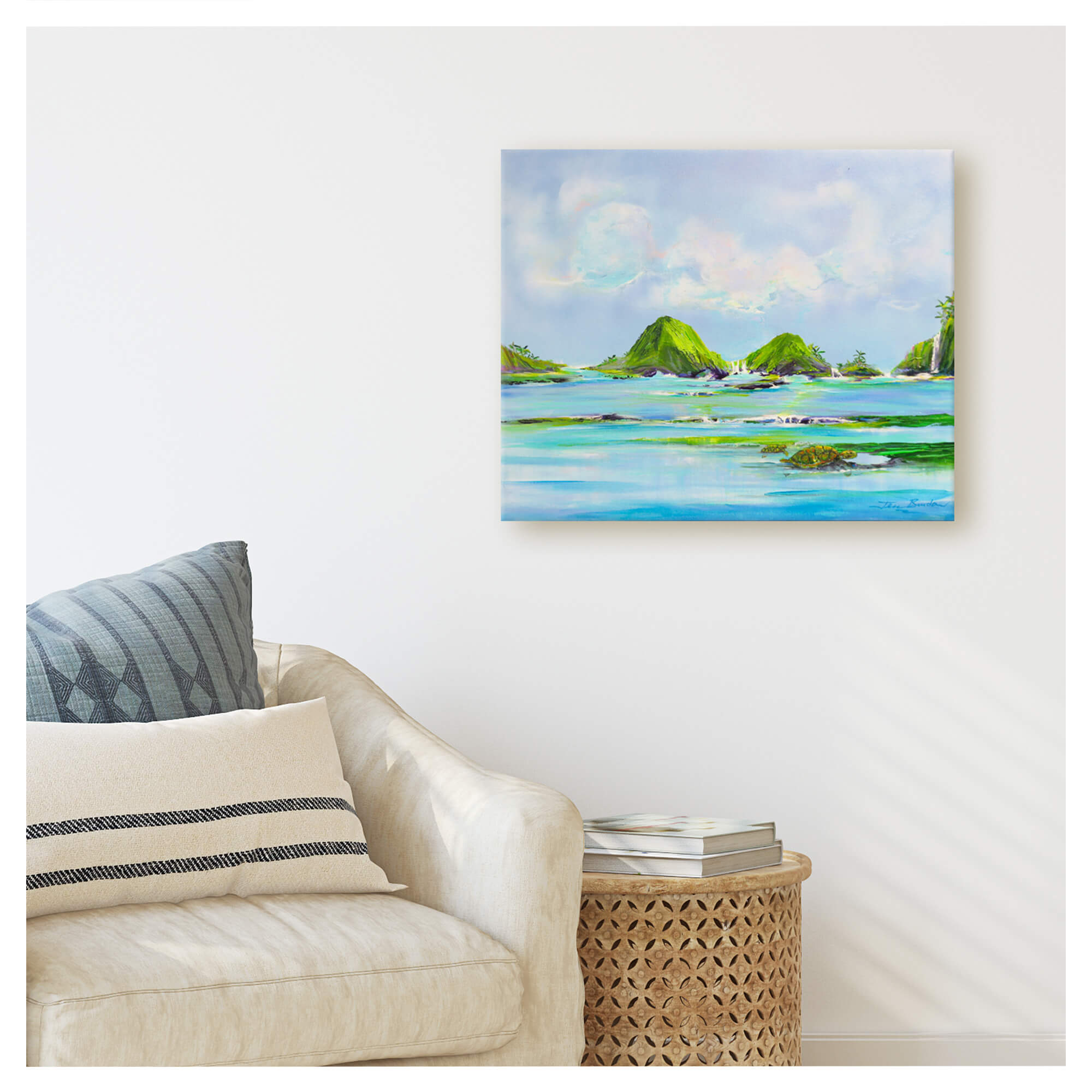 A seascape with teal-hued water and sea turtles by Hawaii artist Jess Burda