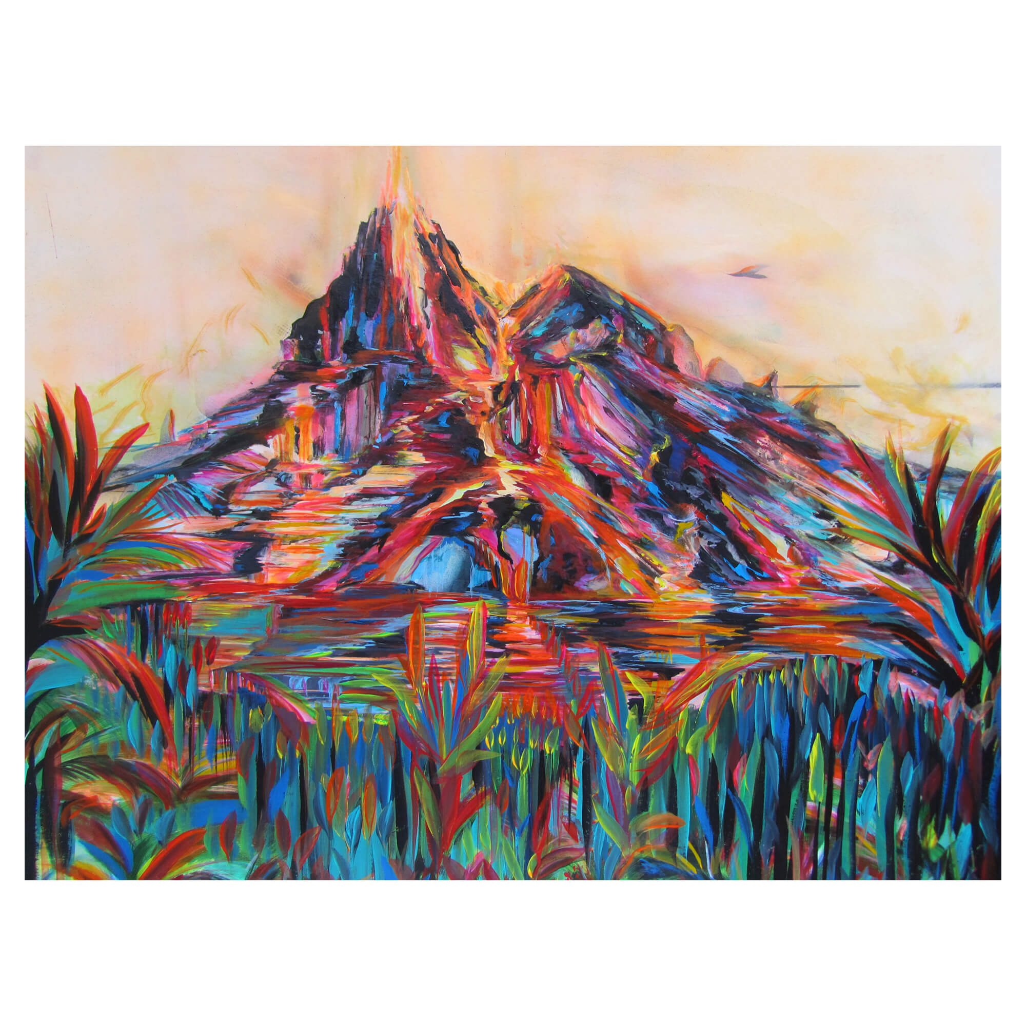Multi colored volcano with flowing lava by Hawaii artist Jess Burda