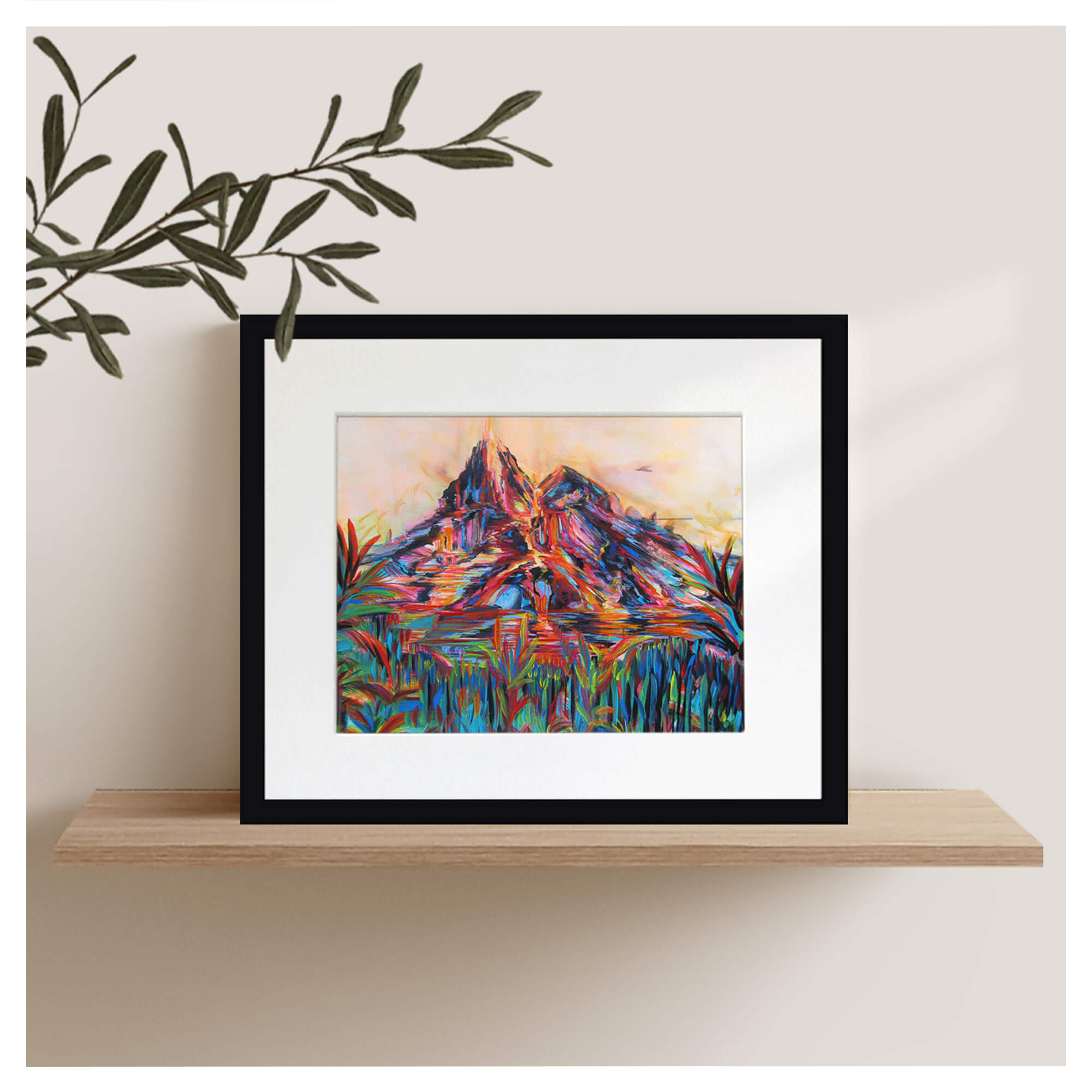 A colorful volcano surrounded with tropical plants by Hawaii artist Jess Burda