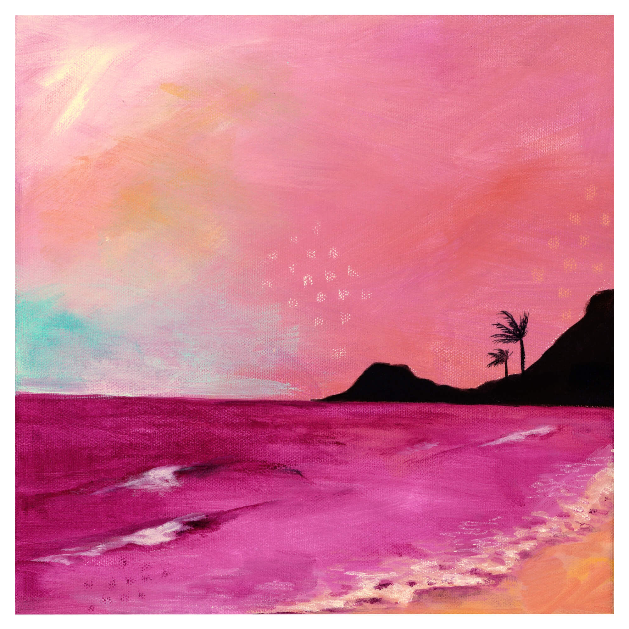 A distant island with coconut trees in a pink-colored seascape by Hawaii artist Lindsay Wilkins