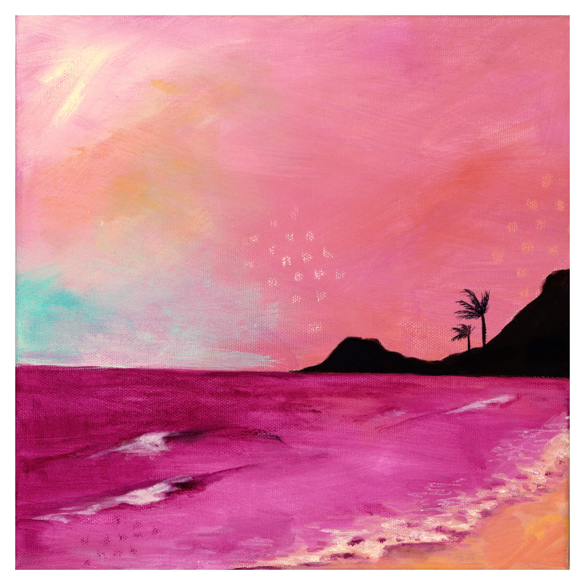 Pink ocean water and sky with a distant island by Hawaii artist Lindsay Wilkins