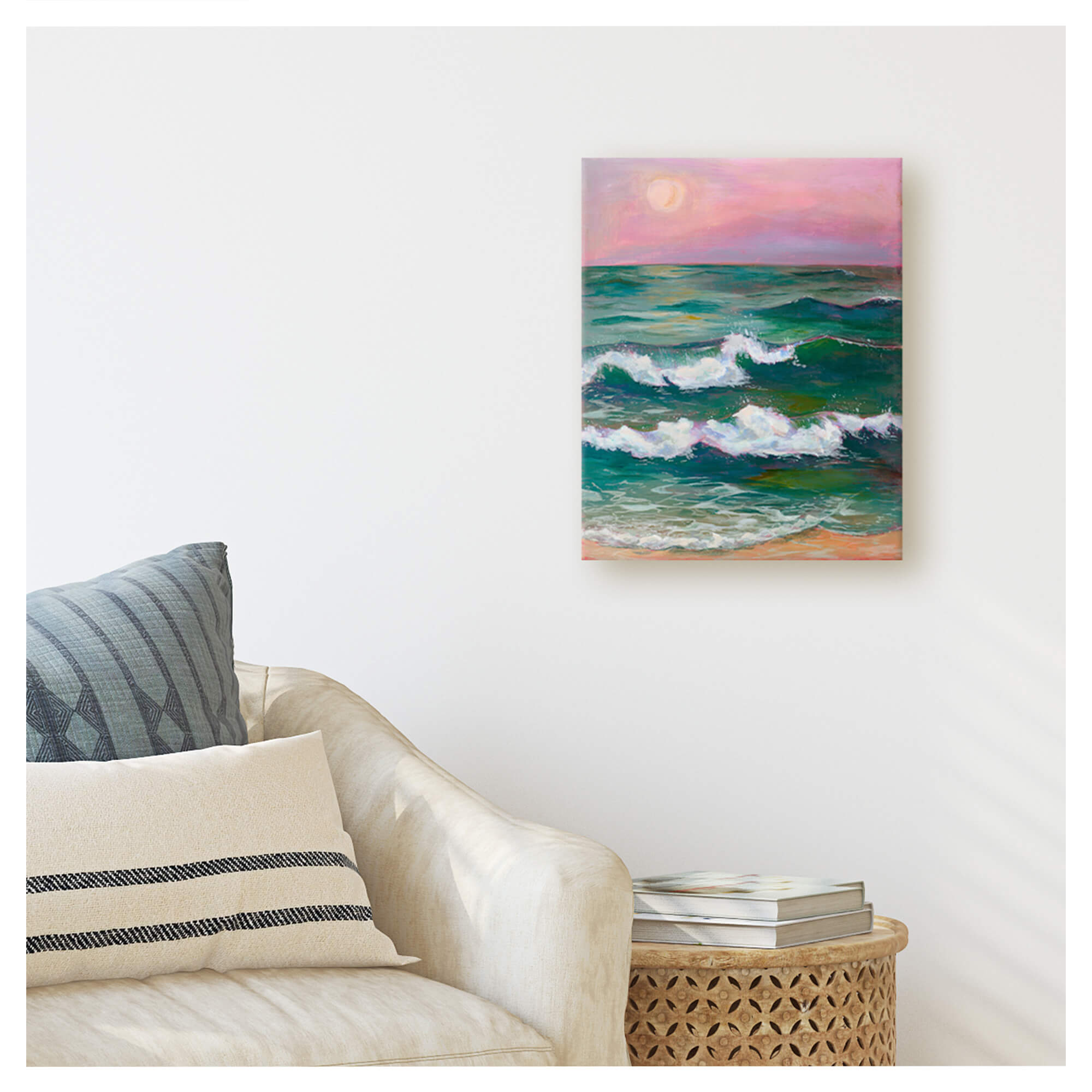A painting on canvas depicting a vibrant colored seascape by Hawaii artist Lindsay Wilkins