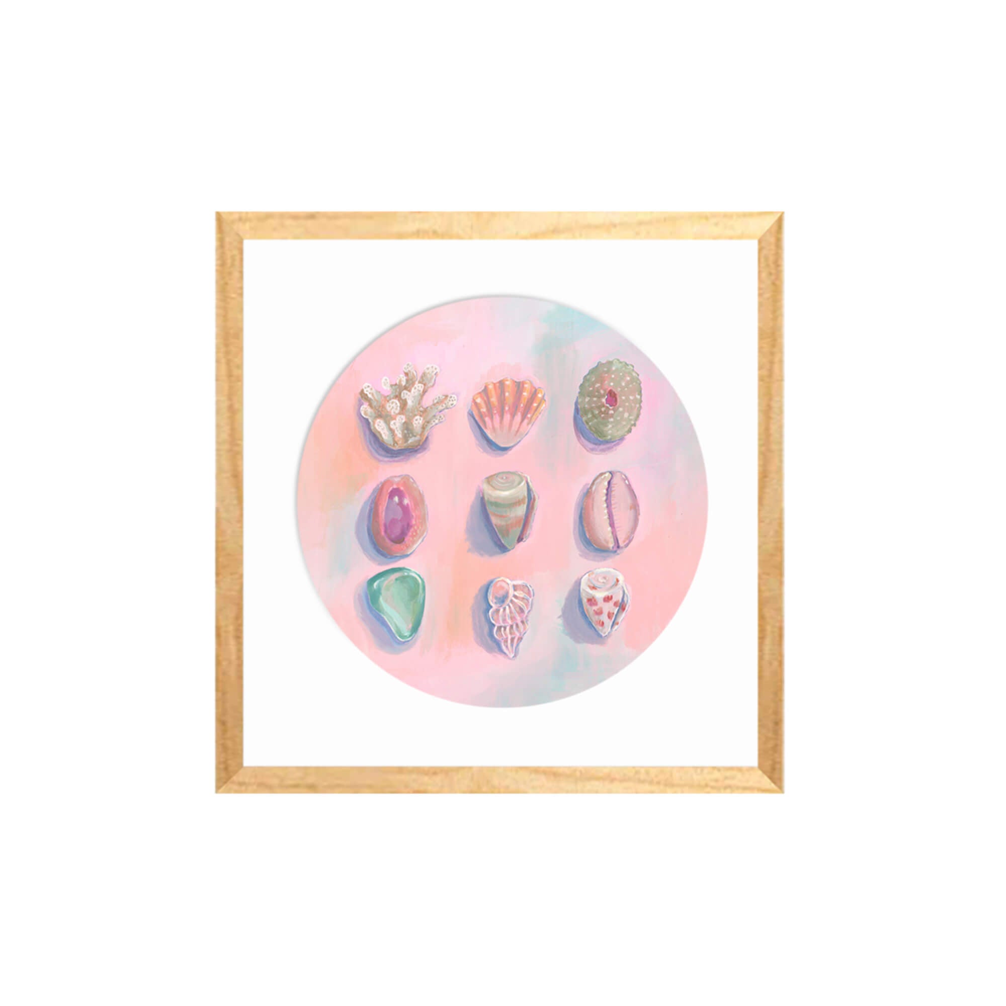 Hues of pastel blue and pink with colorful seashells by Hawaii artist Lindsay Wilkins