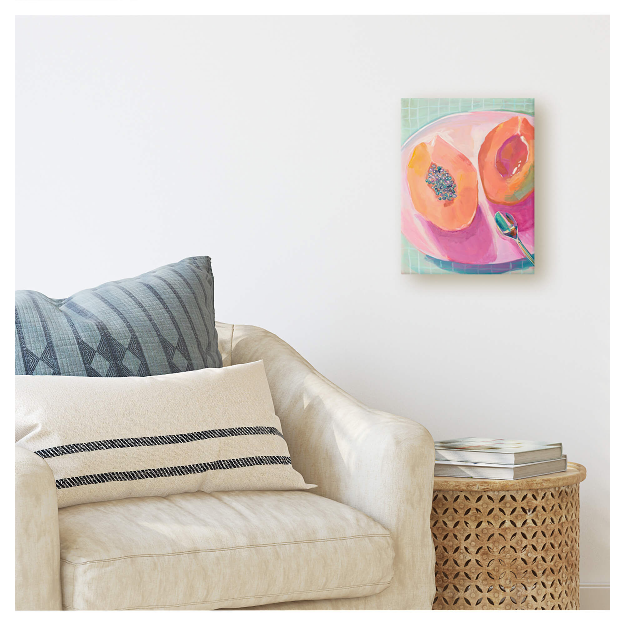 A vibrant painting on a canvas depicting a papaya fruit by Hawaii artist Lindsay Wilkins