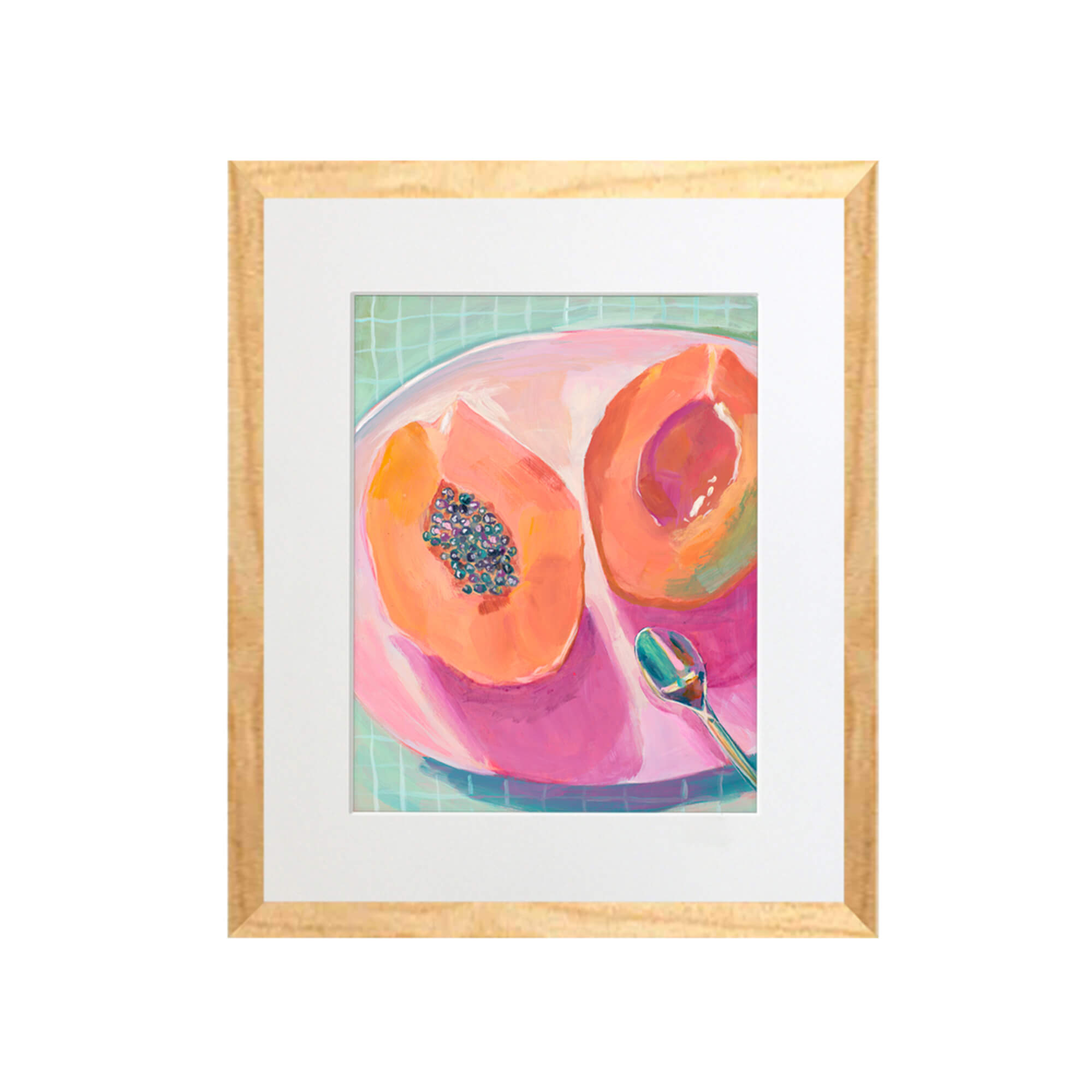 A sliced papaya on a pink plate by Hawaii artist Lindsay Wilkins