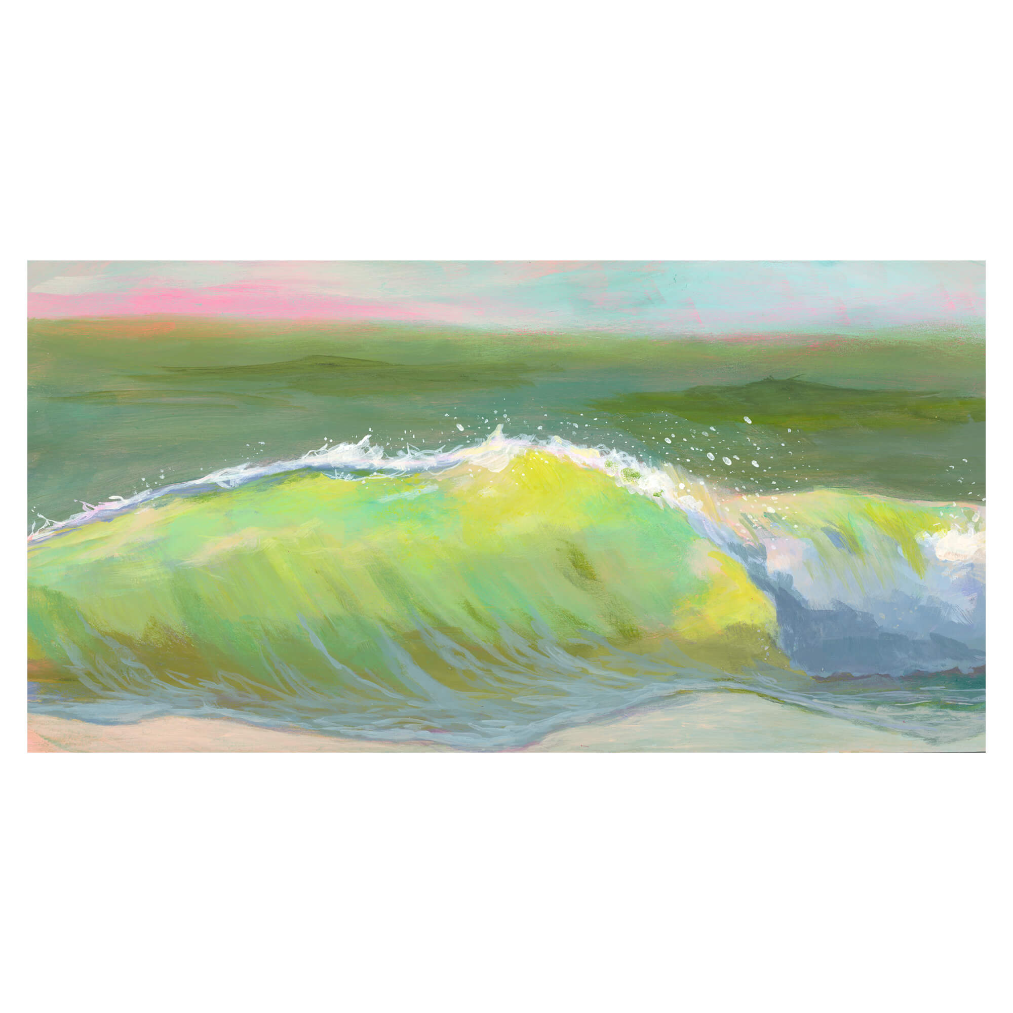 A panoramic green-hued barrel wave by Hawaii artist Lindsay Wilkins