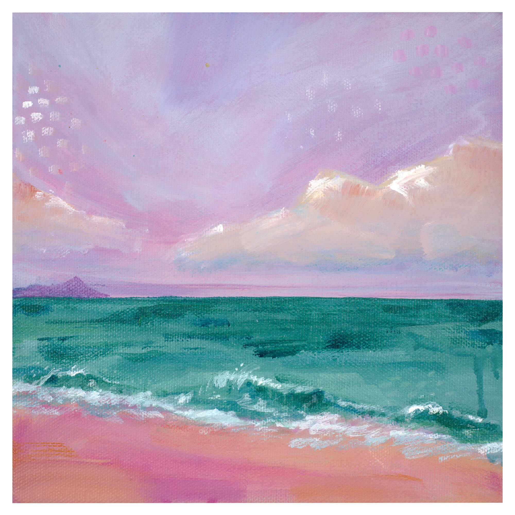 A seascape with light purple sky and pink sand by Hawaii artist Lindsay Wilkins