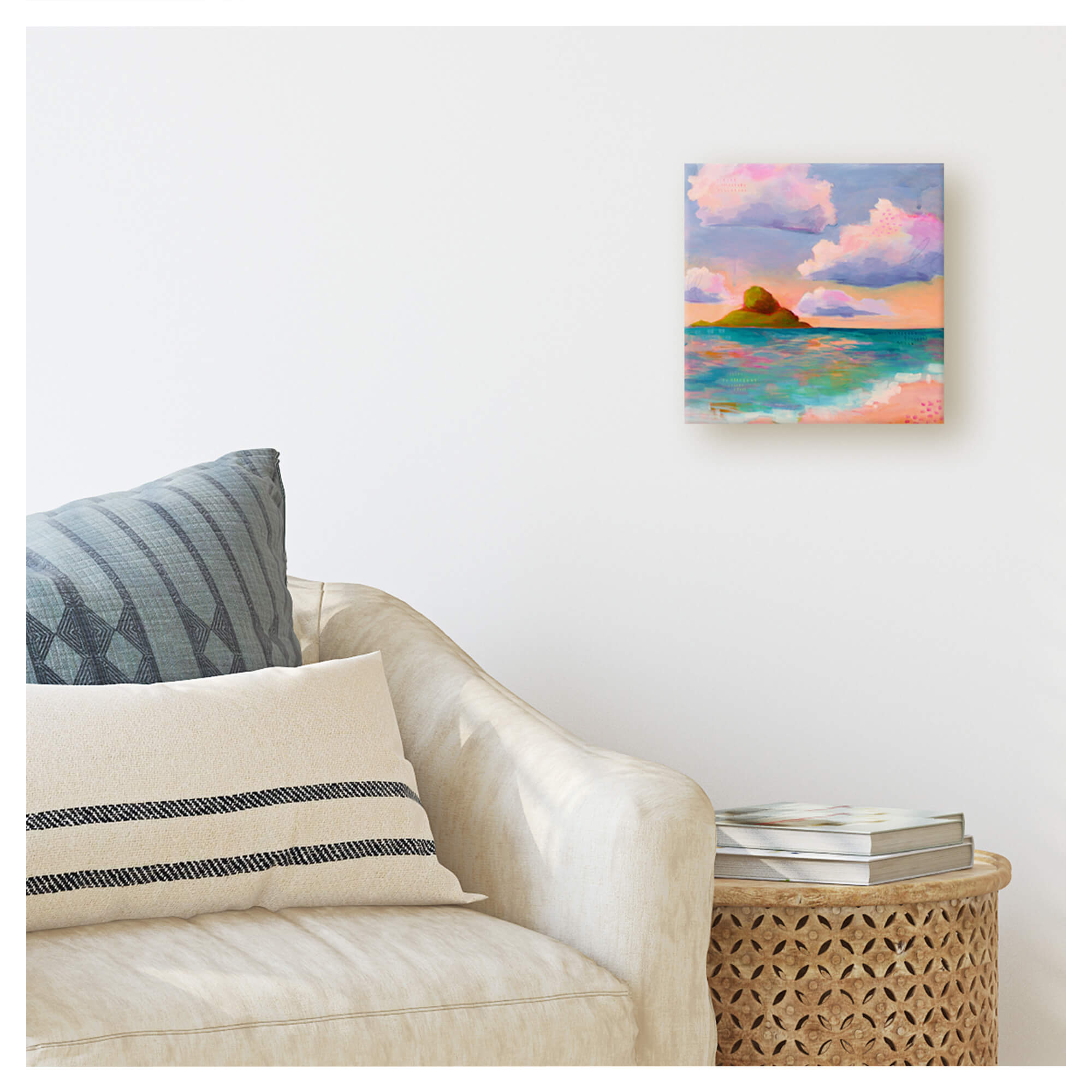 A painting on canvas depicting a multi colored seascape and a distant island by Hawaii artist Lindsay Wilkins