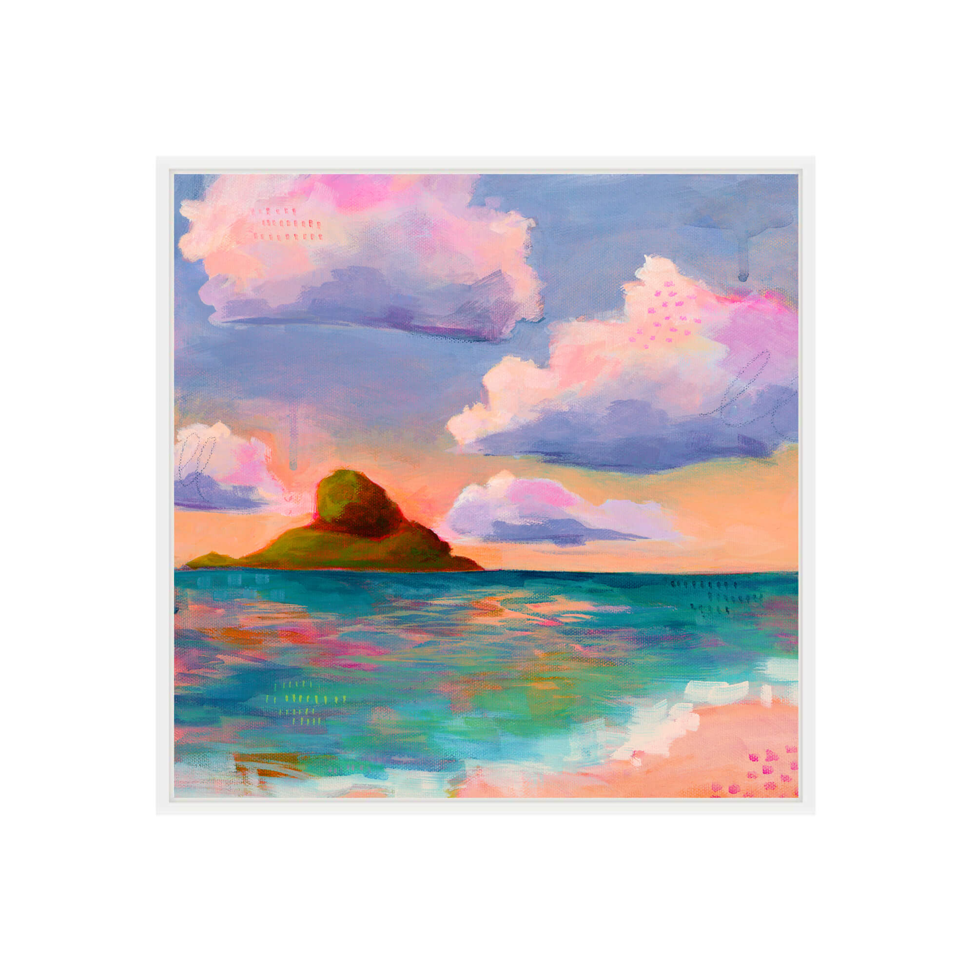A seascape showing a distant island by Hawaii artist Lindsay Wilkins