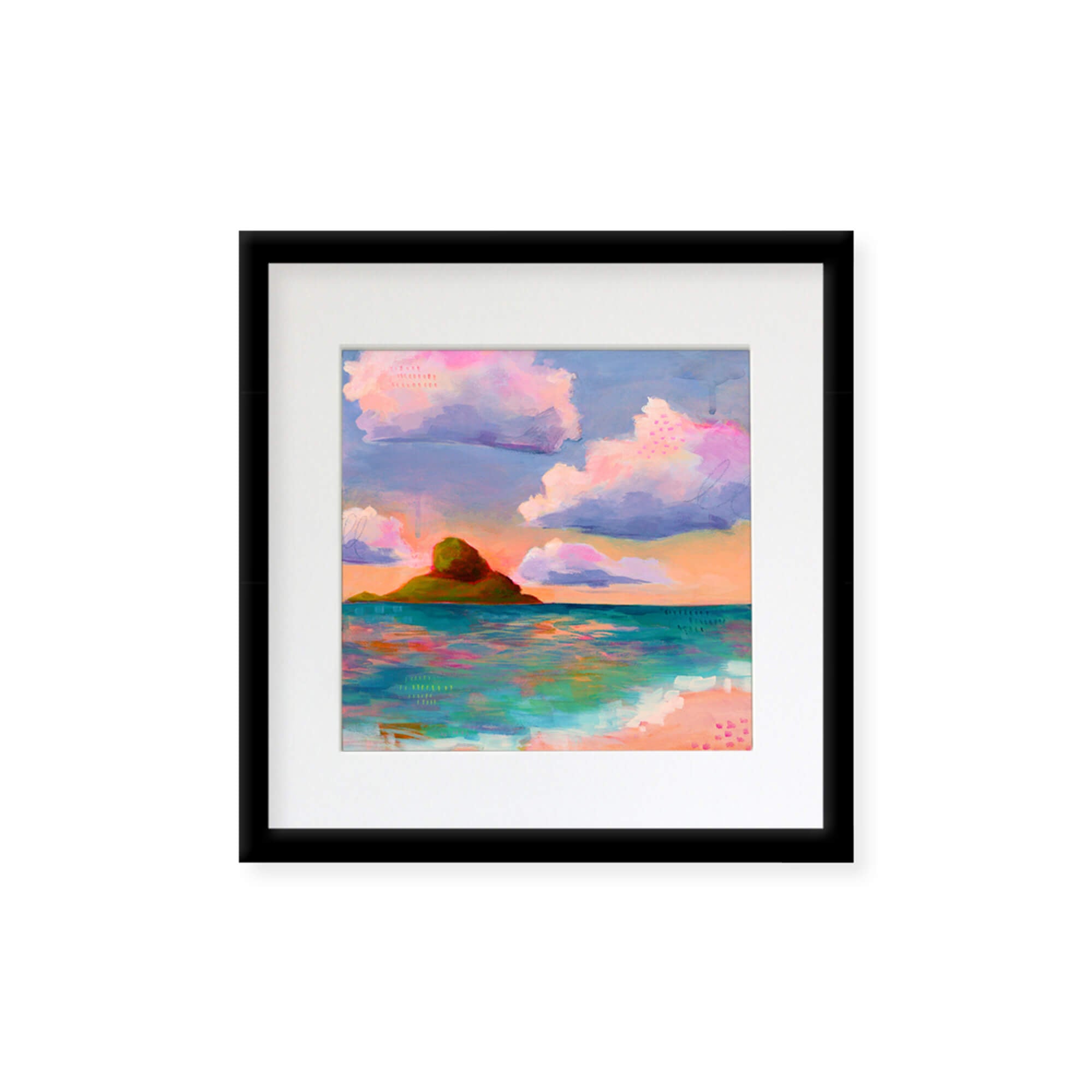 Multi colored seascape with a distant island by Hawaii artist Lindsay Wilkins
