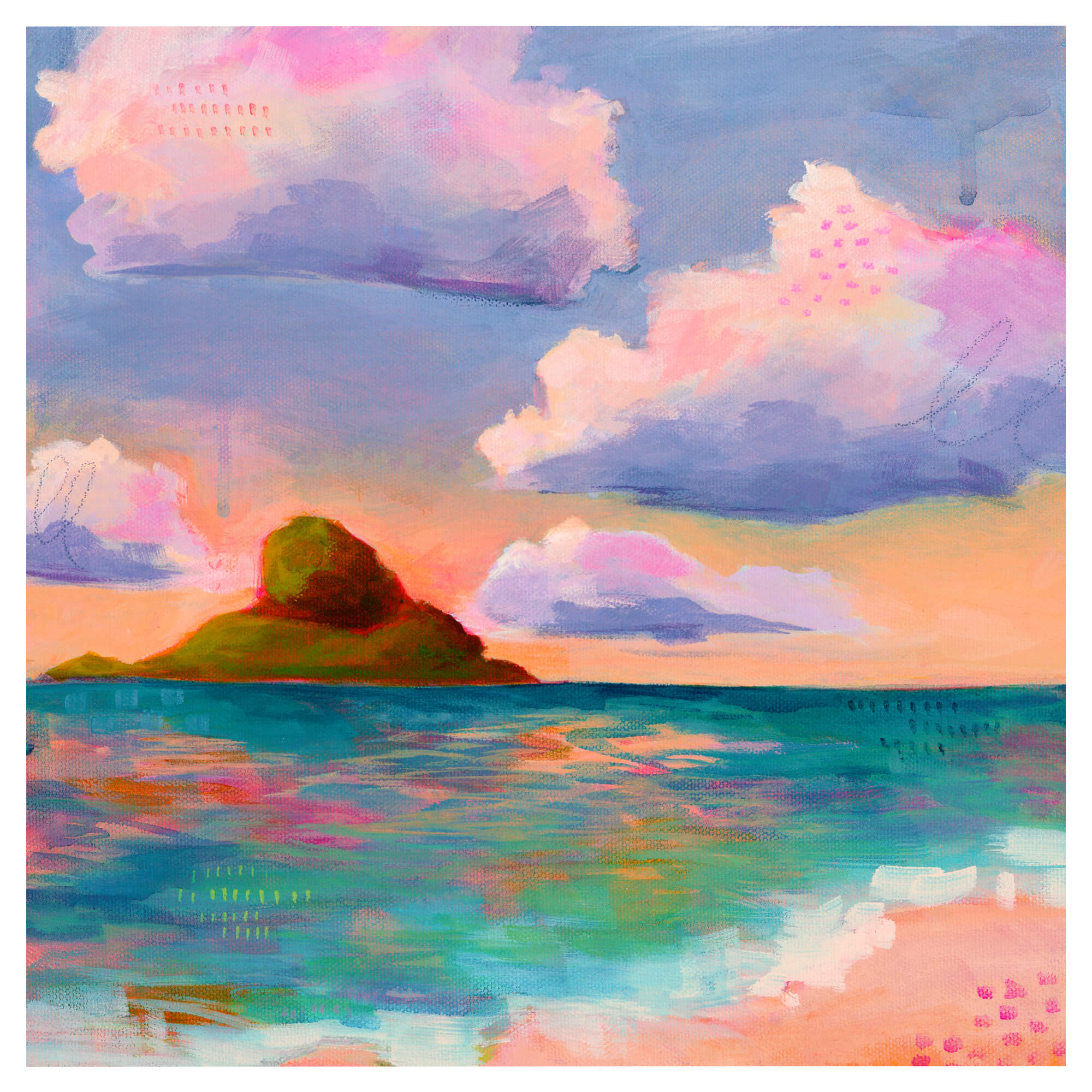  A colorful seascape with a distant tropical island by Hawaii artist Lindsay Wilkins