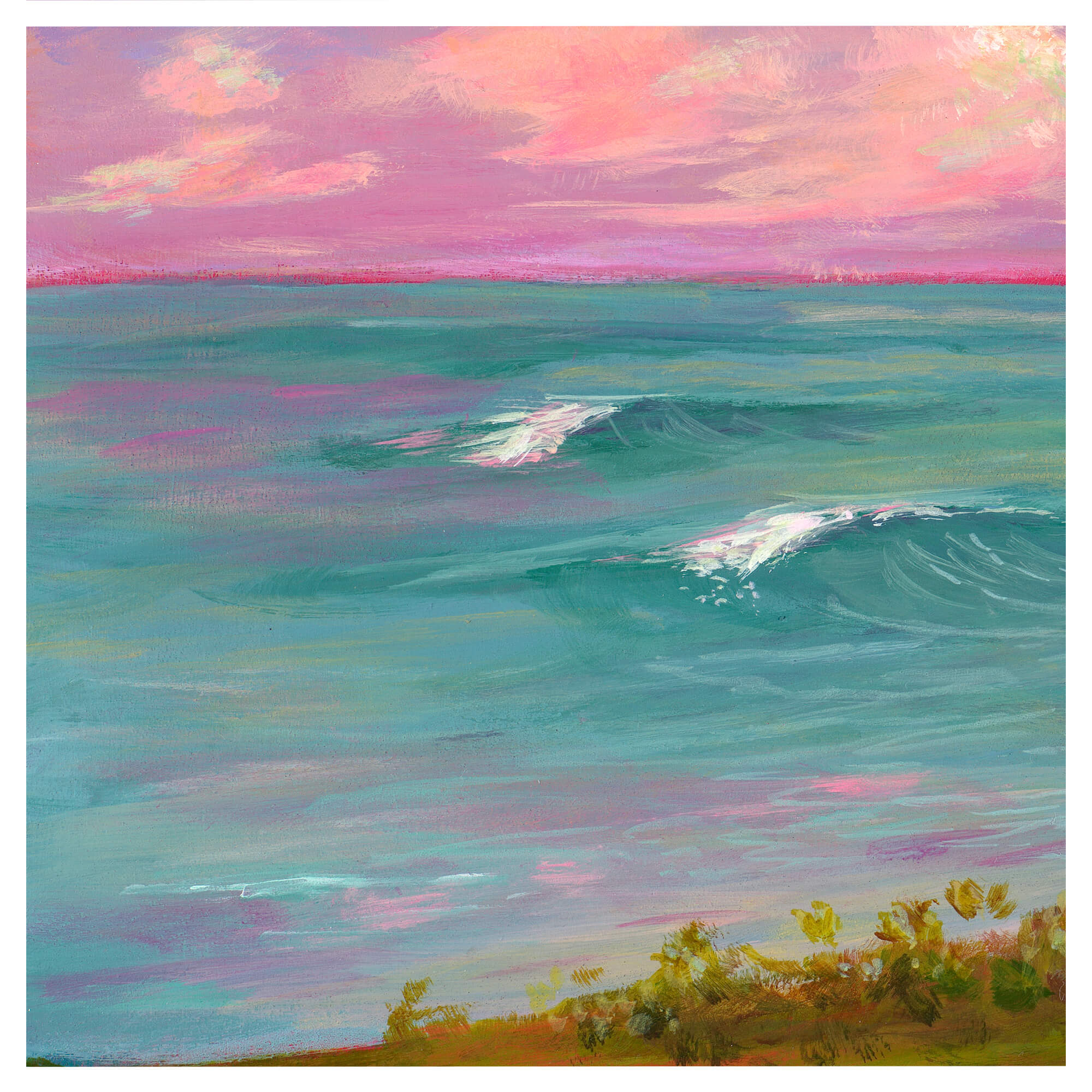 Teal ocean and pink sky by Hawaii artist Lindsay Wilkins