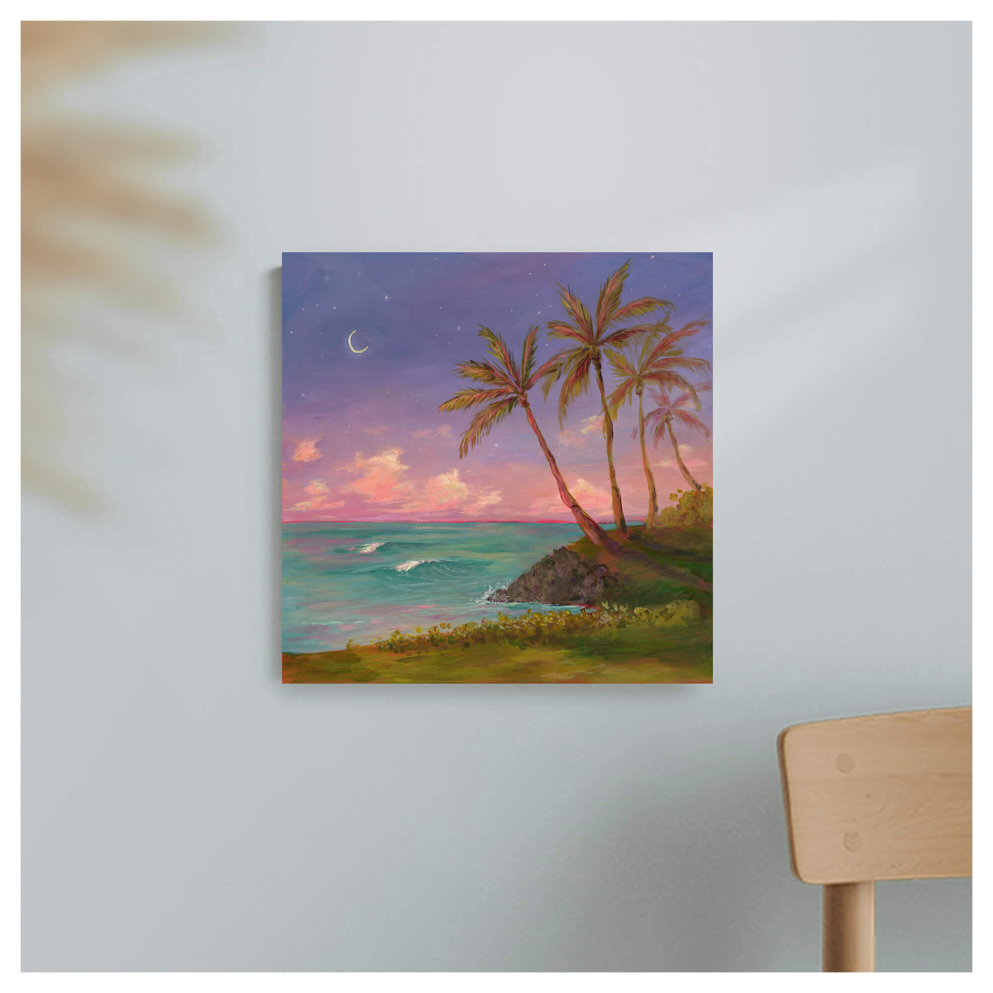 A seascape with purple and pink-hued sky by Hawaii artist Lindsay Wilkins