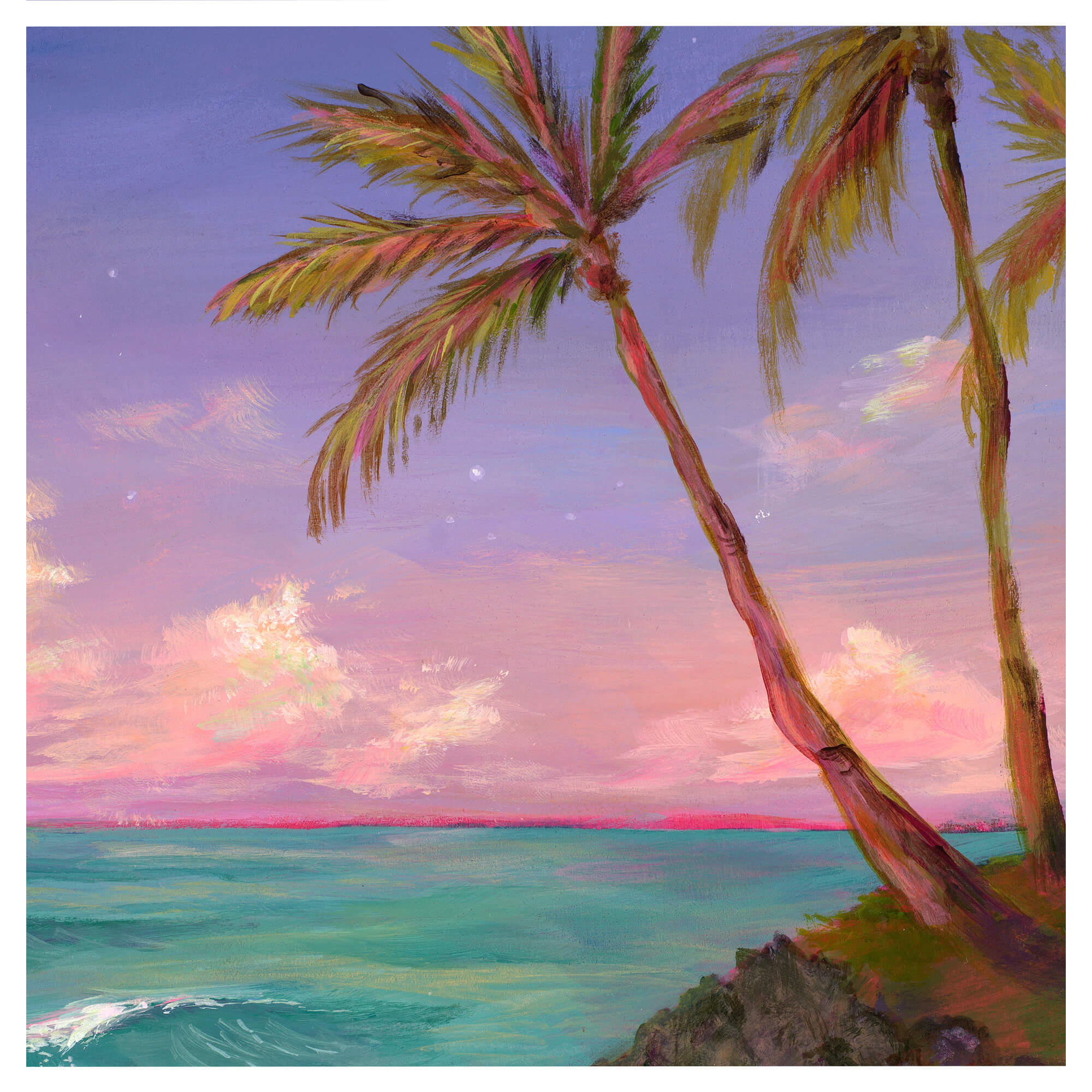 Coconut trees, purple  and pink sky with stars by Hawaii artist Lindsay Wilkins