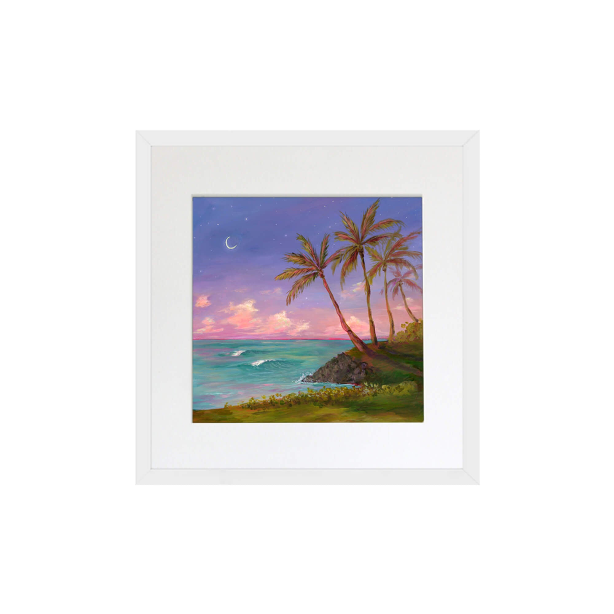 A view from a cliff with teal colored ocean and pastel sky by Hawaii artist Lindsay Wilkins