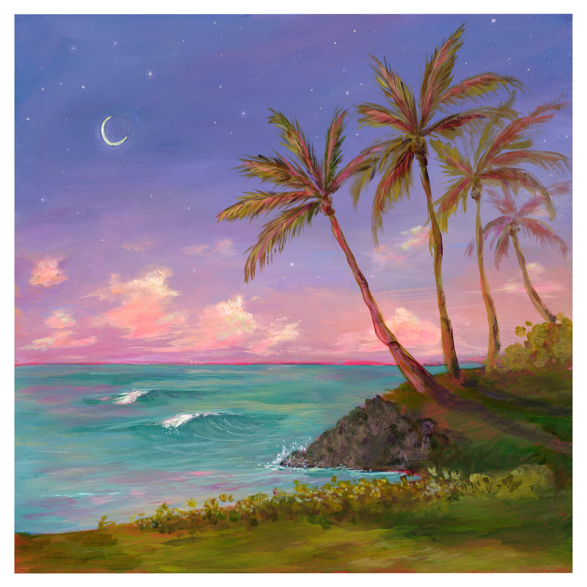 A cliff with coconut trees and an ocean view by Hawaii artist Lindsay Wilkins
