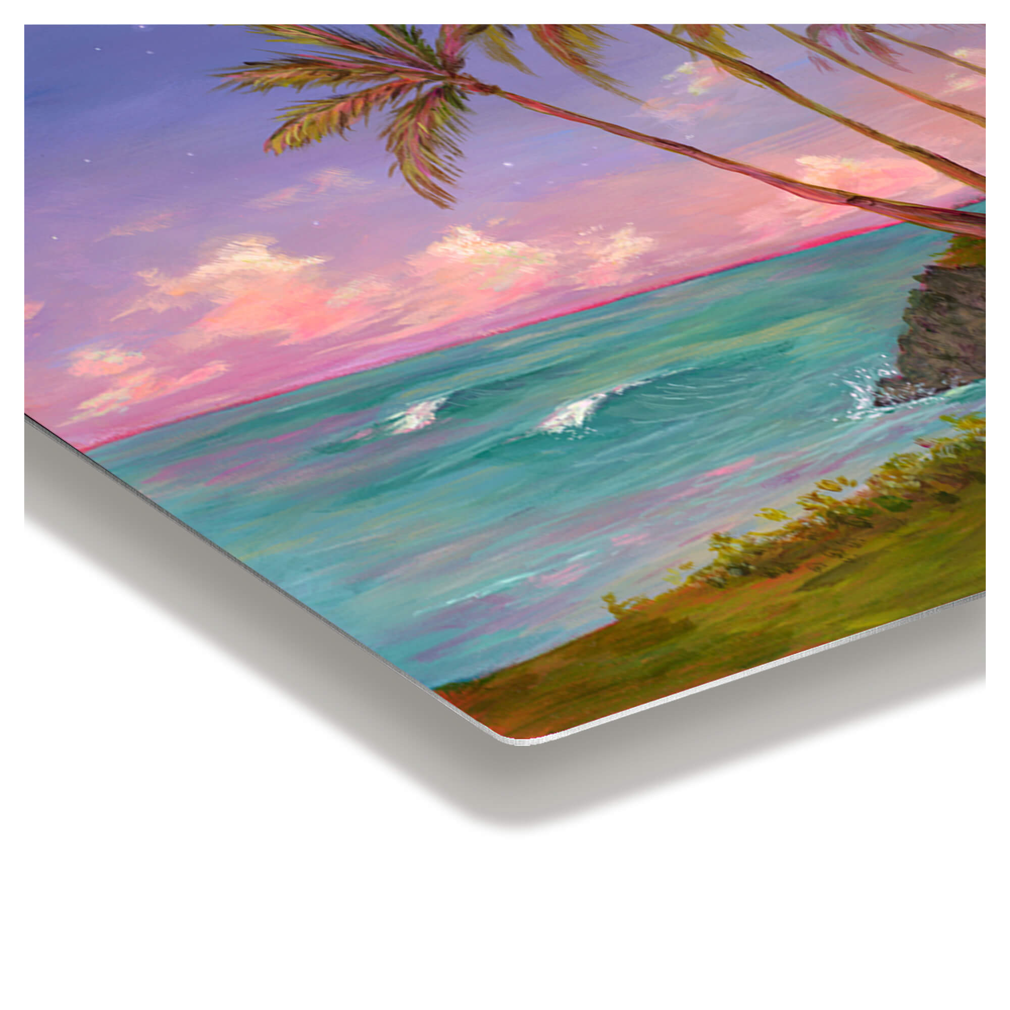 Metal print edge details showing a vibrant teal-hued ocean waters and purple sky by Hawaii artist Lindsay Wilkins