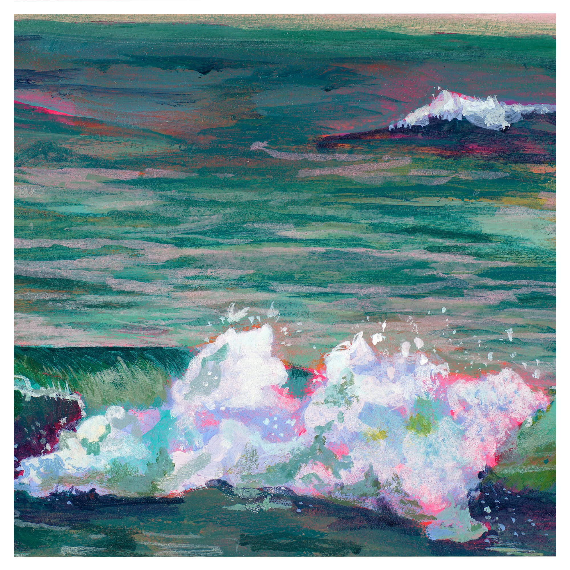 Green hued ocean waters with a touch of pink hues by Hawaii artist Lindsay Wilkins