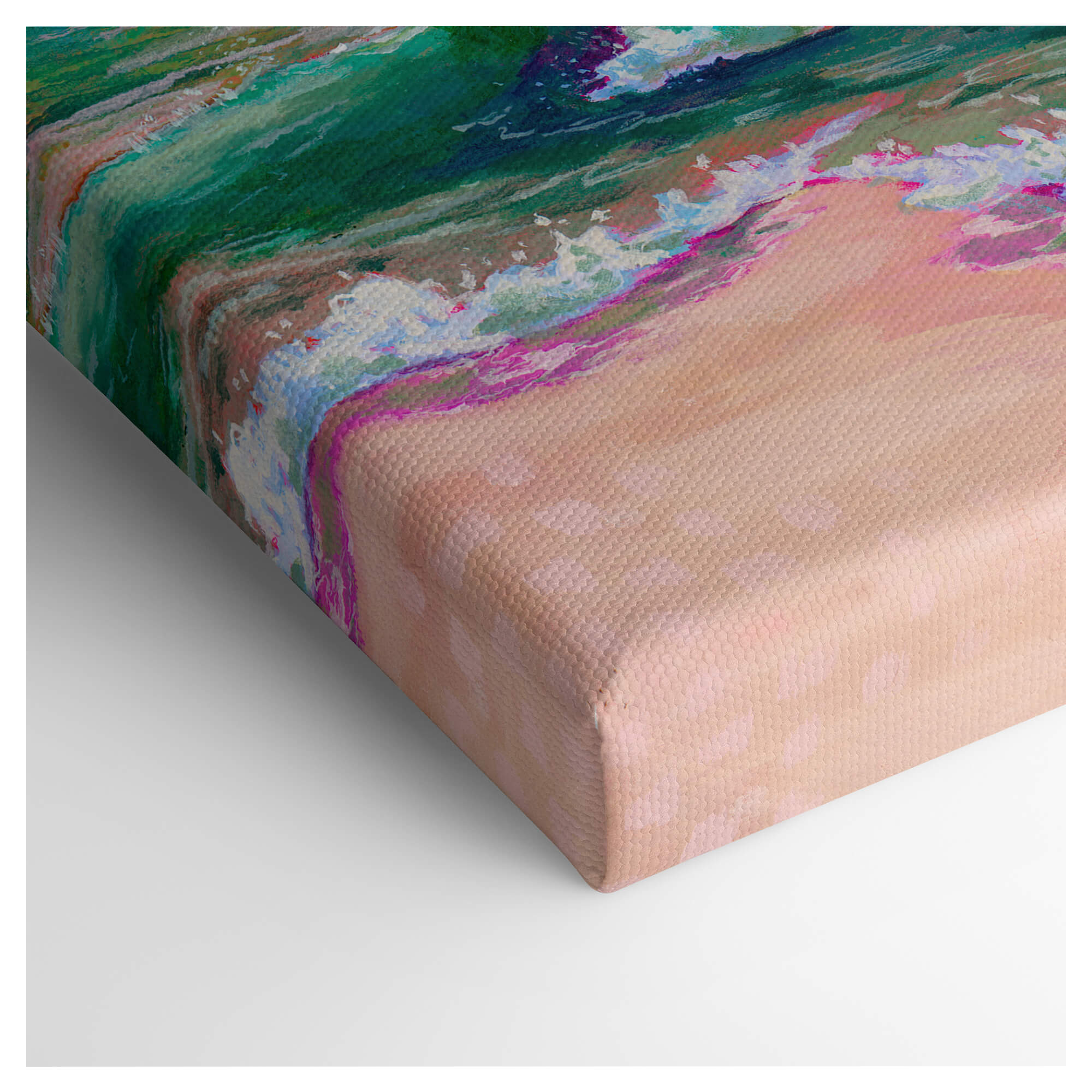 Gallery wrap details showing a pink-hued sand and green crashing waves by Hawaii artist Lindsay Wilkins