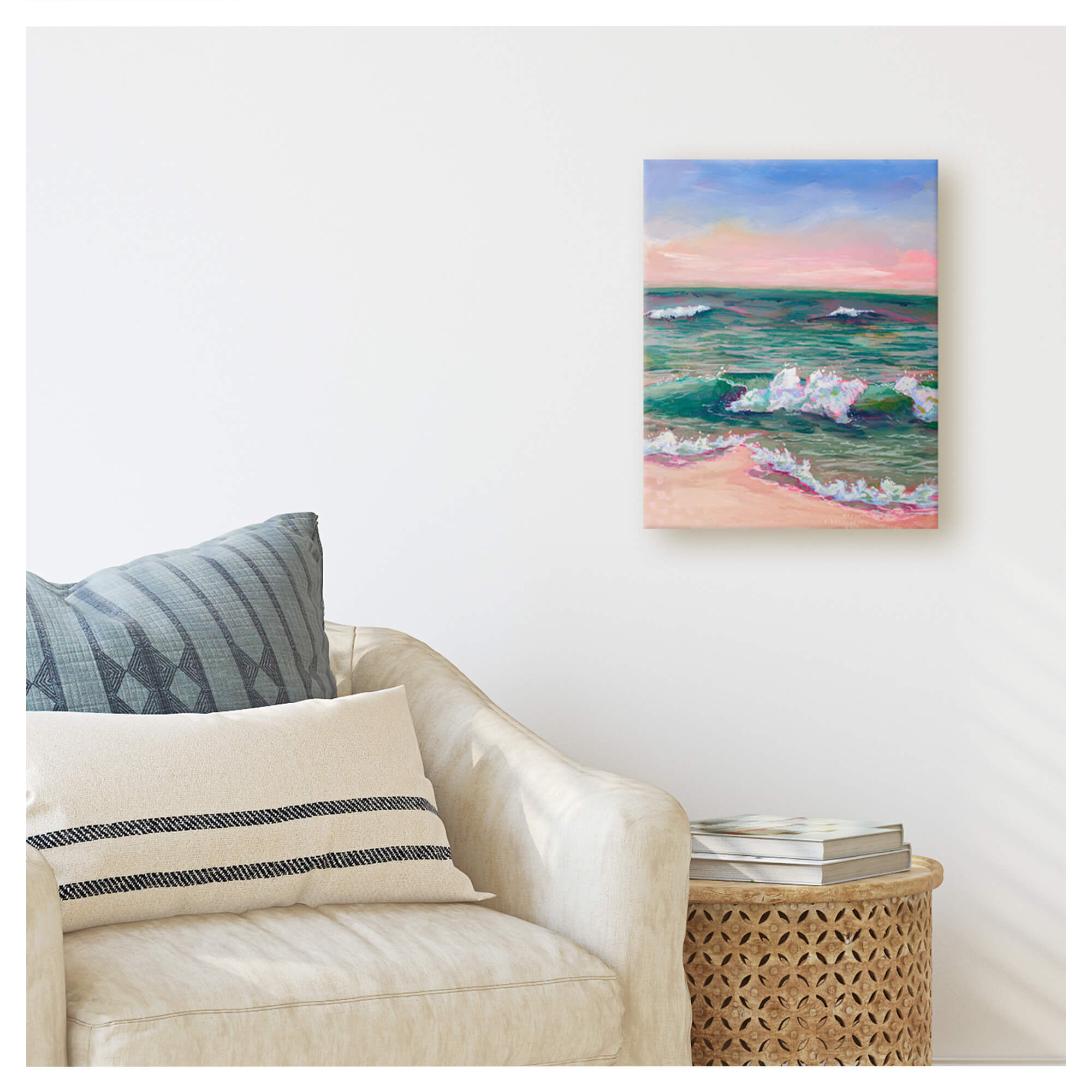 A painting on canvas depicting a seascape with green ocean water and pink sky Hawaii artist Lindsay Wilkins