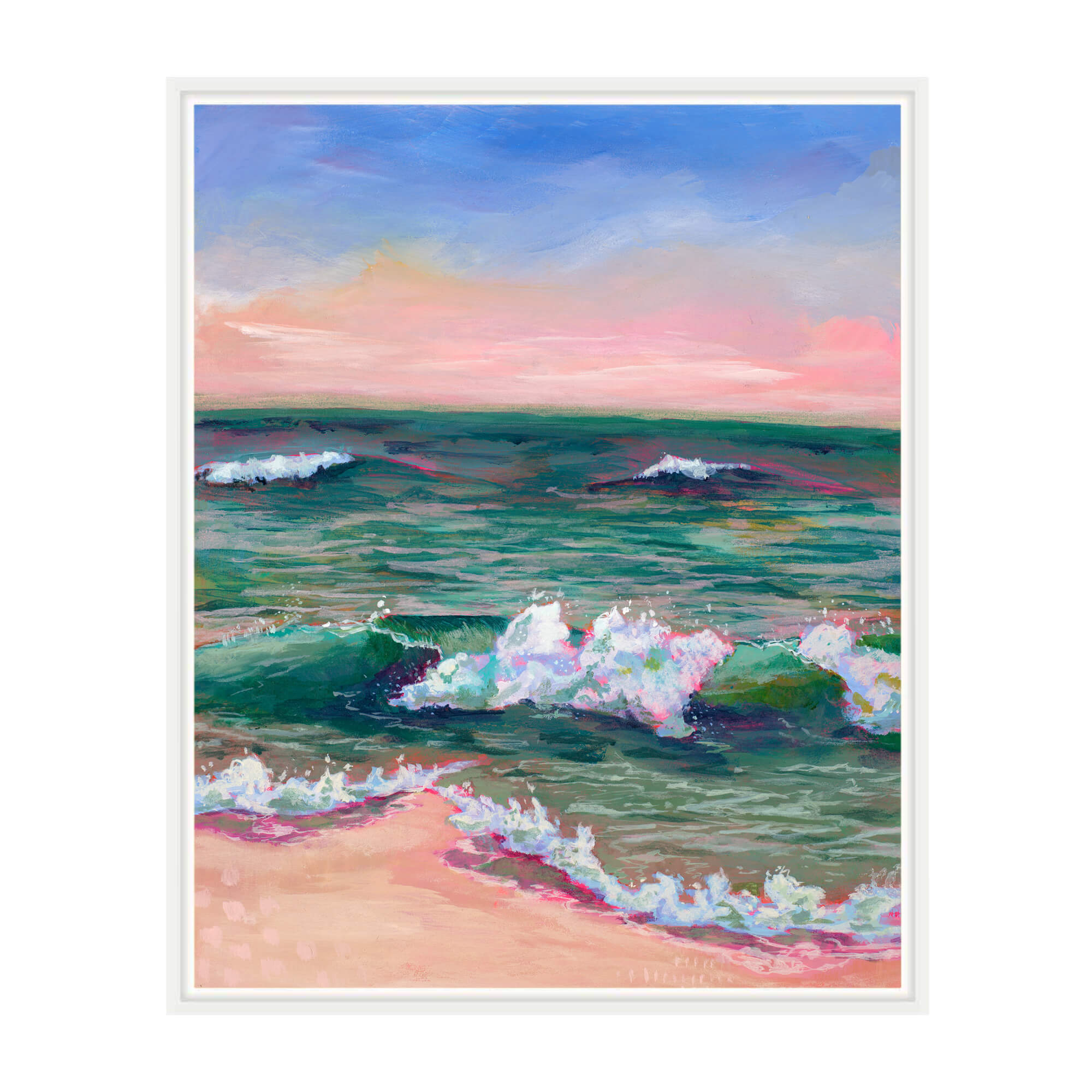 A seascape with emerald ocean water and pink hued sky by Hawaii artist Lindsay Wilkins