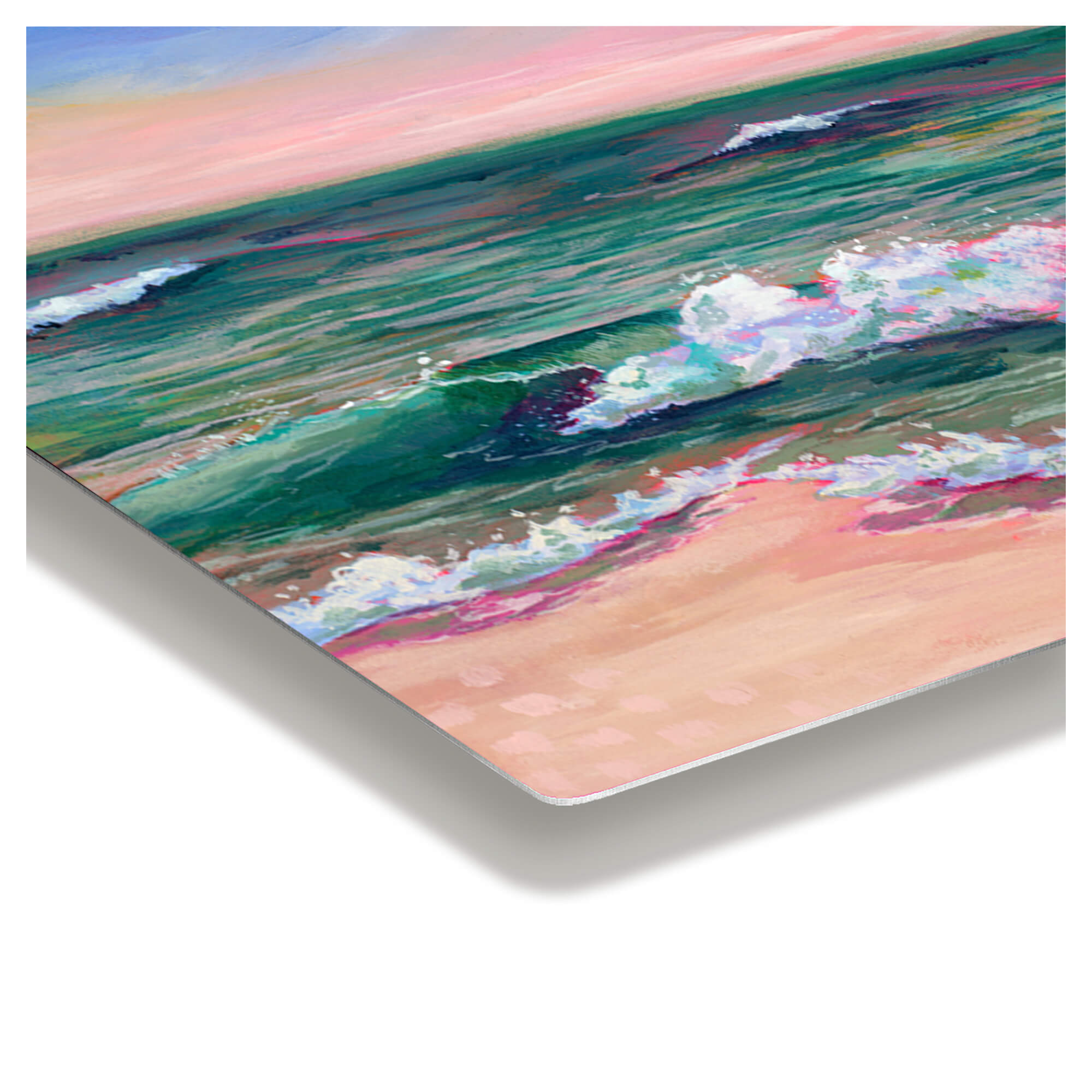 Metal print edge details showing a stunning seascape with emerald waters and pink sky by Hawaii artist Lindsay Wilkins