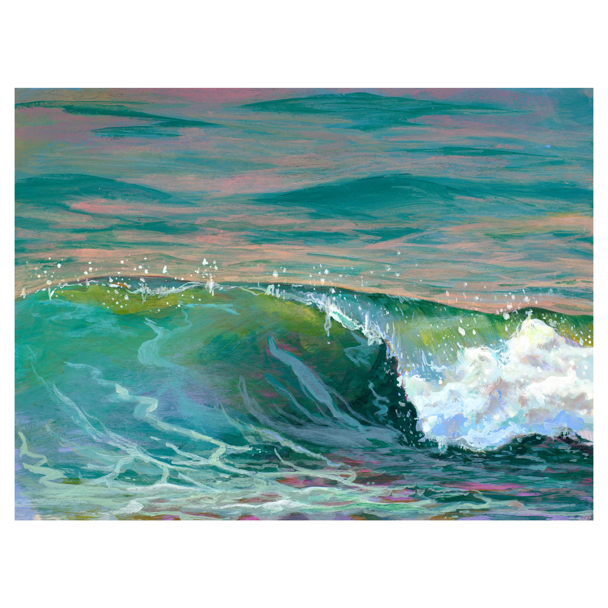 A teal wave with a touch of yellow and pink by Hawaii artist Lindsay Wilkins