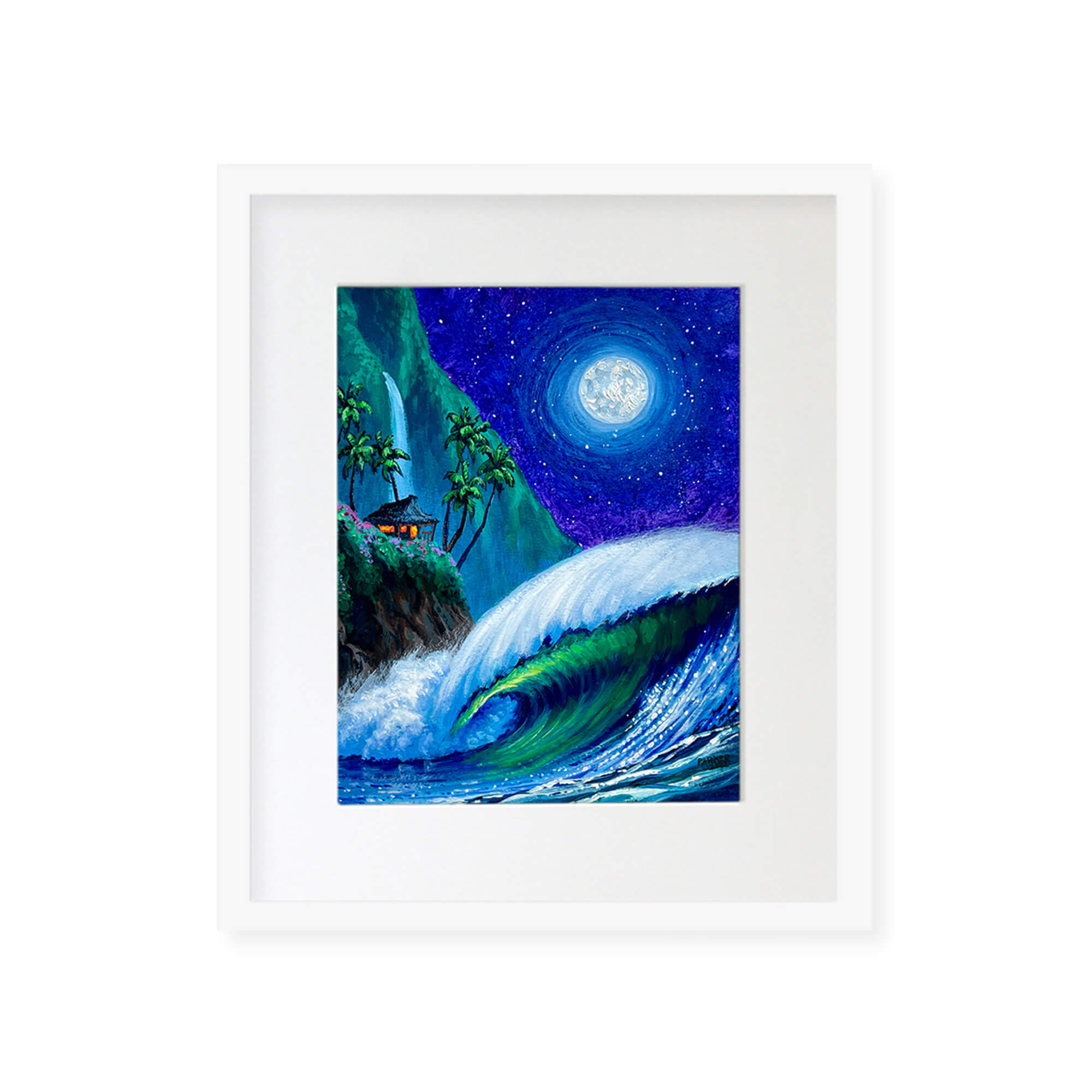 A framed original artwork features a beautiful seascape with a crashing wave, a brilliant blue moon, and an idyllic hut on a distant island by Hawaii artist Patrick Parker