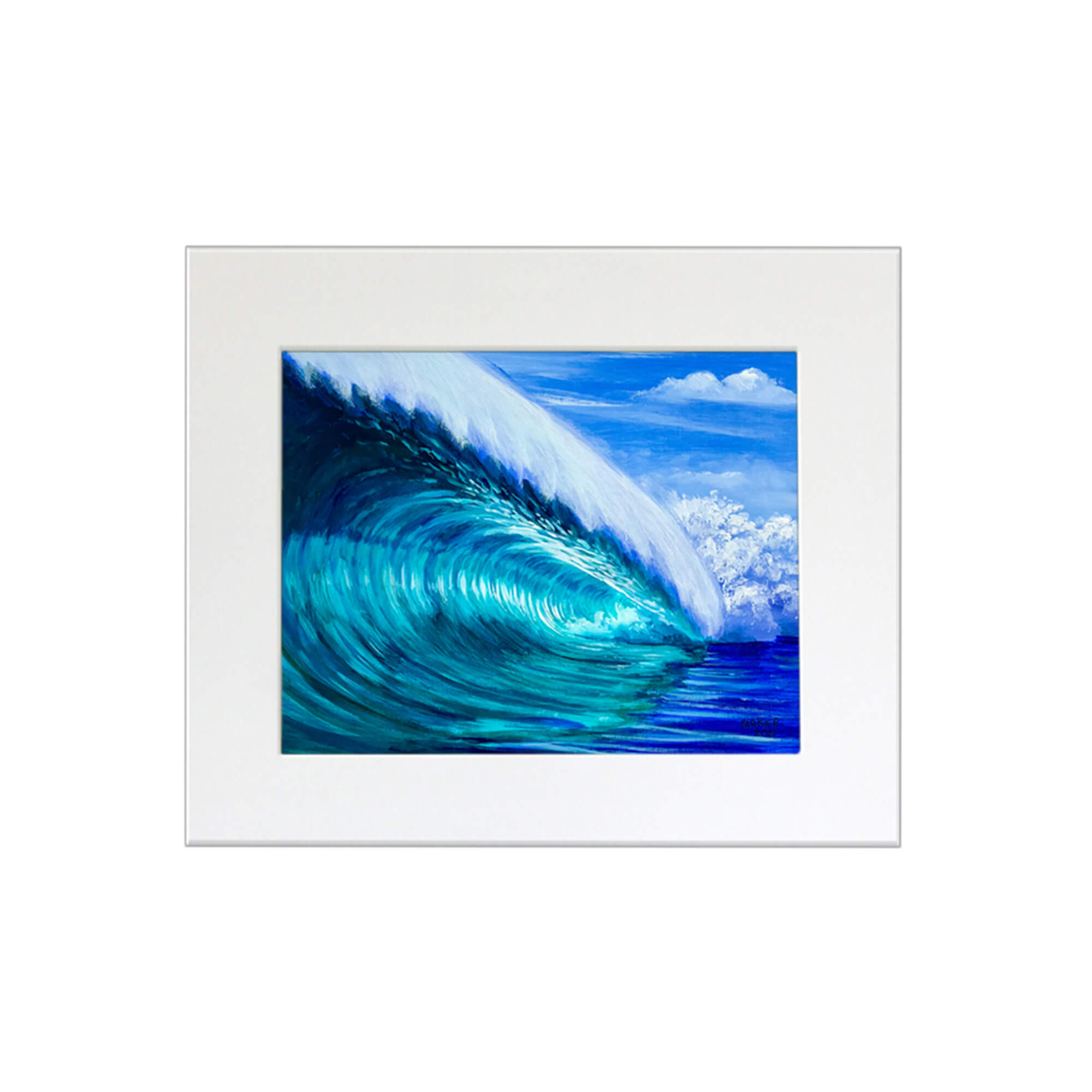 An original painting in mat featuring a perfect teal and blue colored barrel wave by Maui artist Patrick Parker