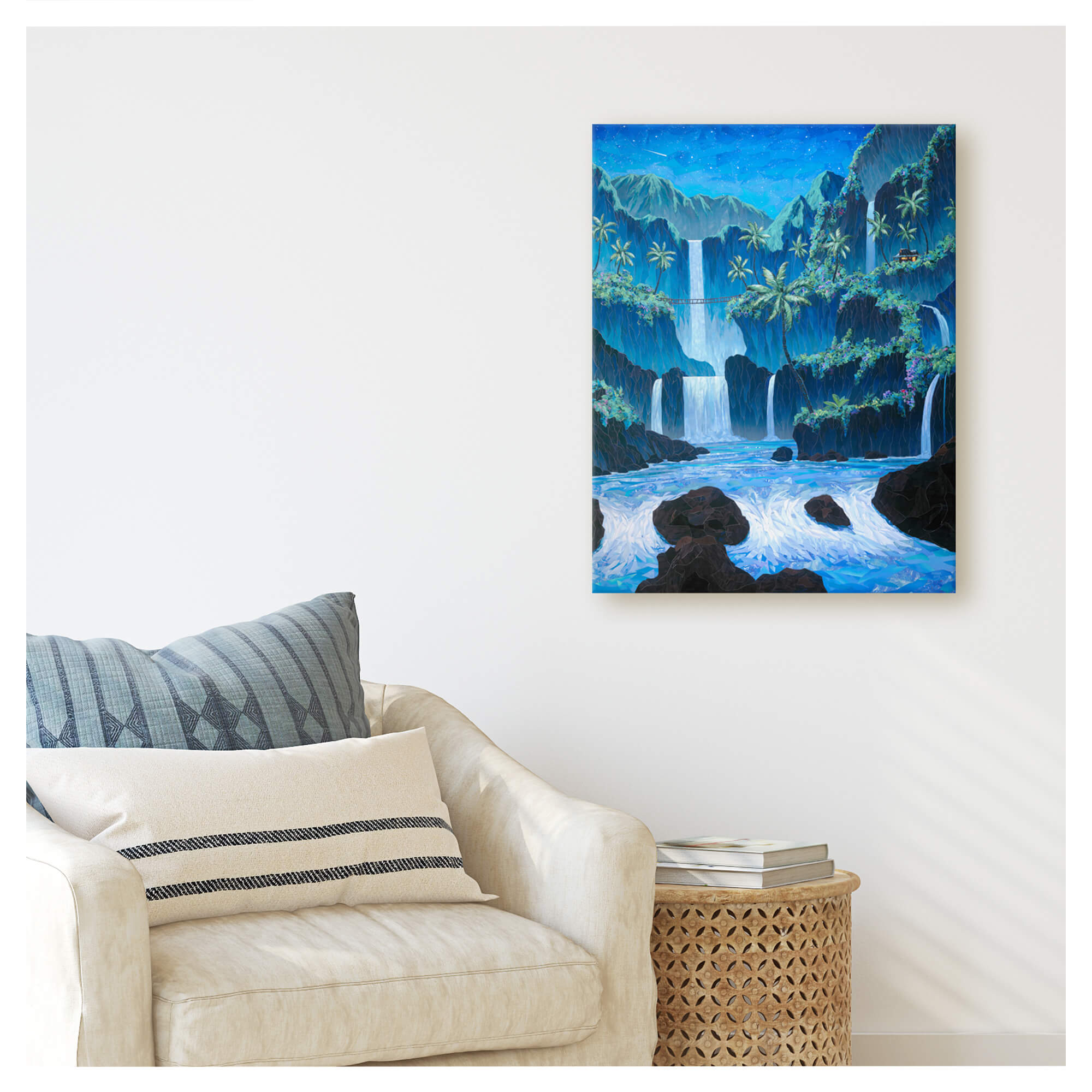 A canvas giclée art print featuring a collage of a dreamy tropical paradise with several waterfalls, surrounded by Mountains and colorful tropical flowers by Hawaii artist Patrick Parker