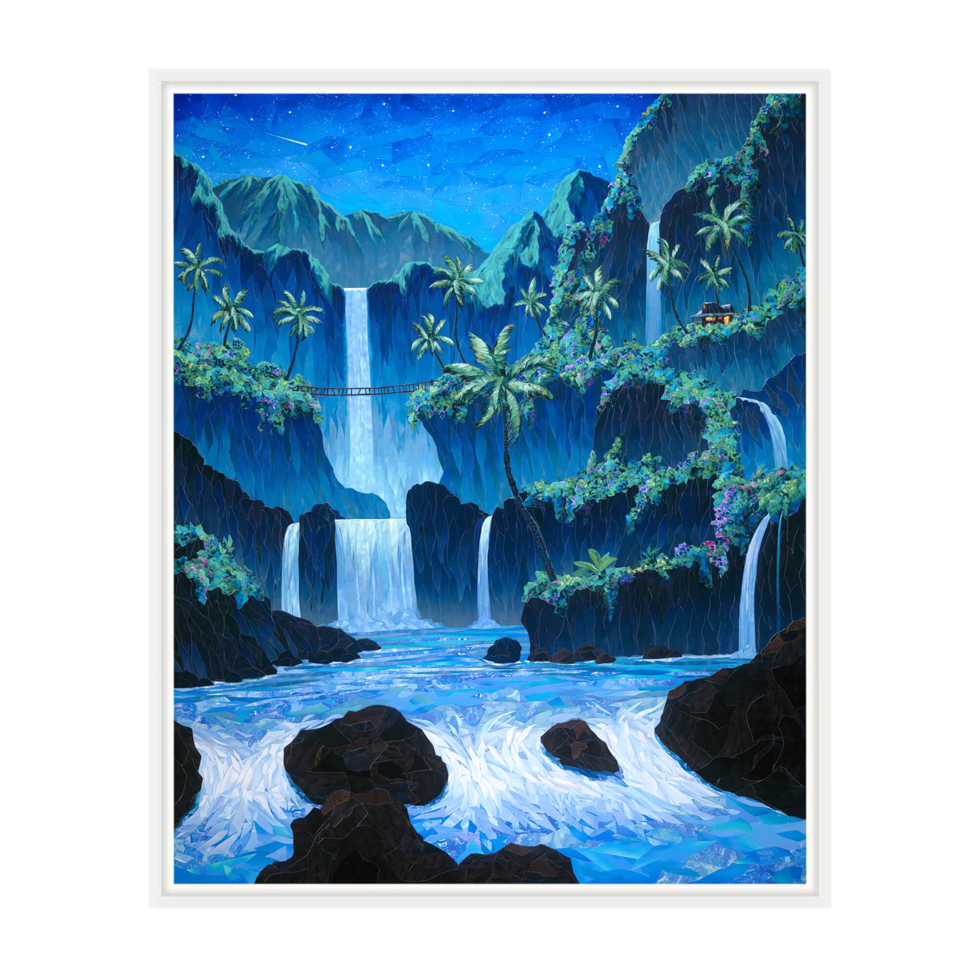 A framed canvas giclée art print featuring a collage of a dreamy tropical paradise with several waterfalls, surrounded by Mountains and colorful tropical flowers by Hawaii artist Patrick Parker
