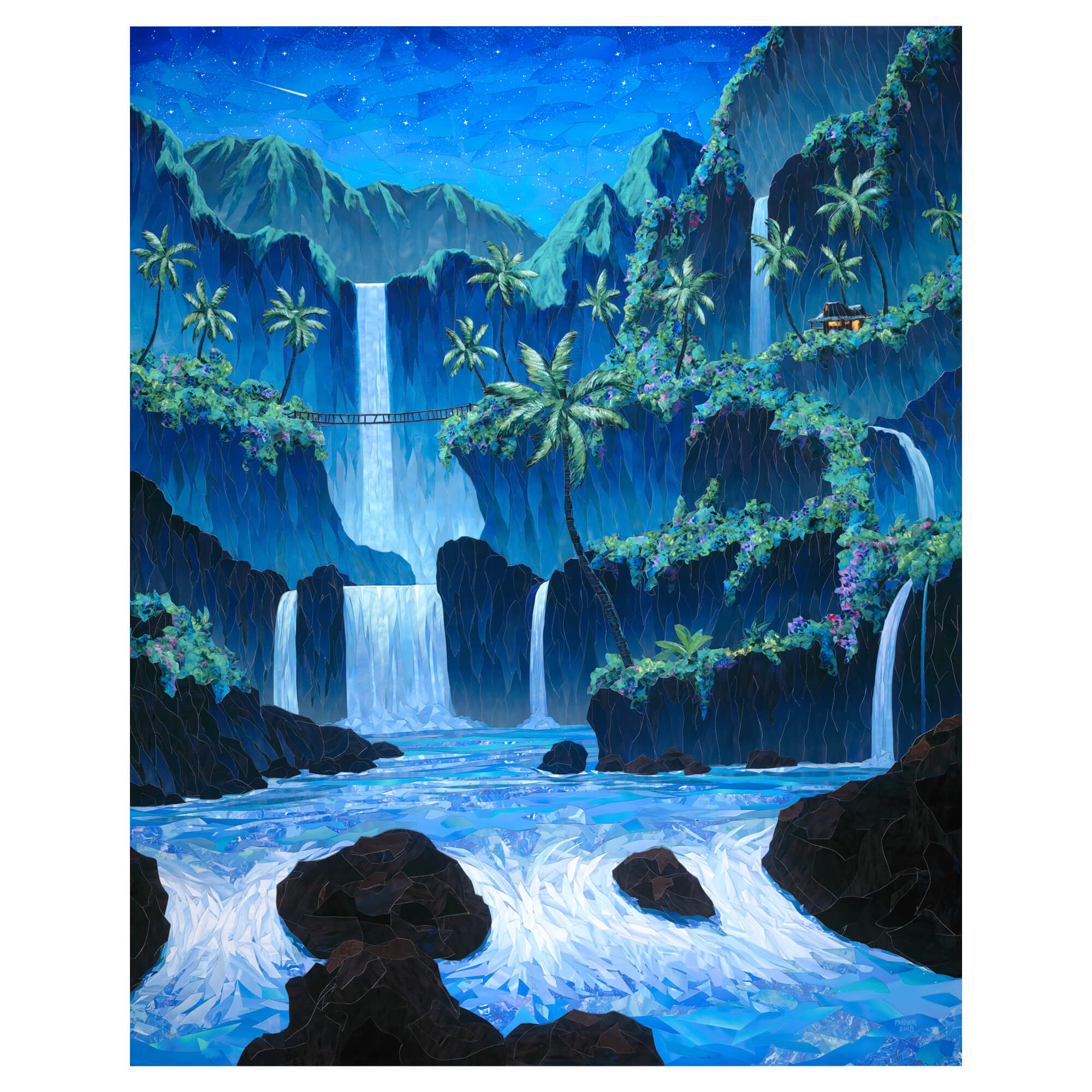 A canvas giclée art print featuring a collage of a dreamy tropical paradise with several waterfalls, surrounded by Mountains and colorful tropical flowers by Hawaii artist Patrick Parker