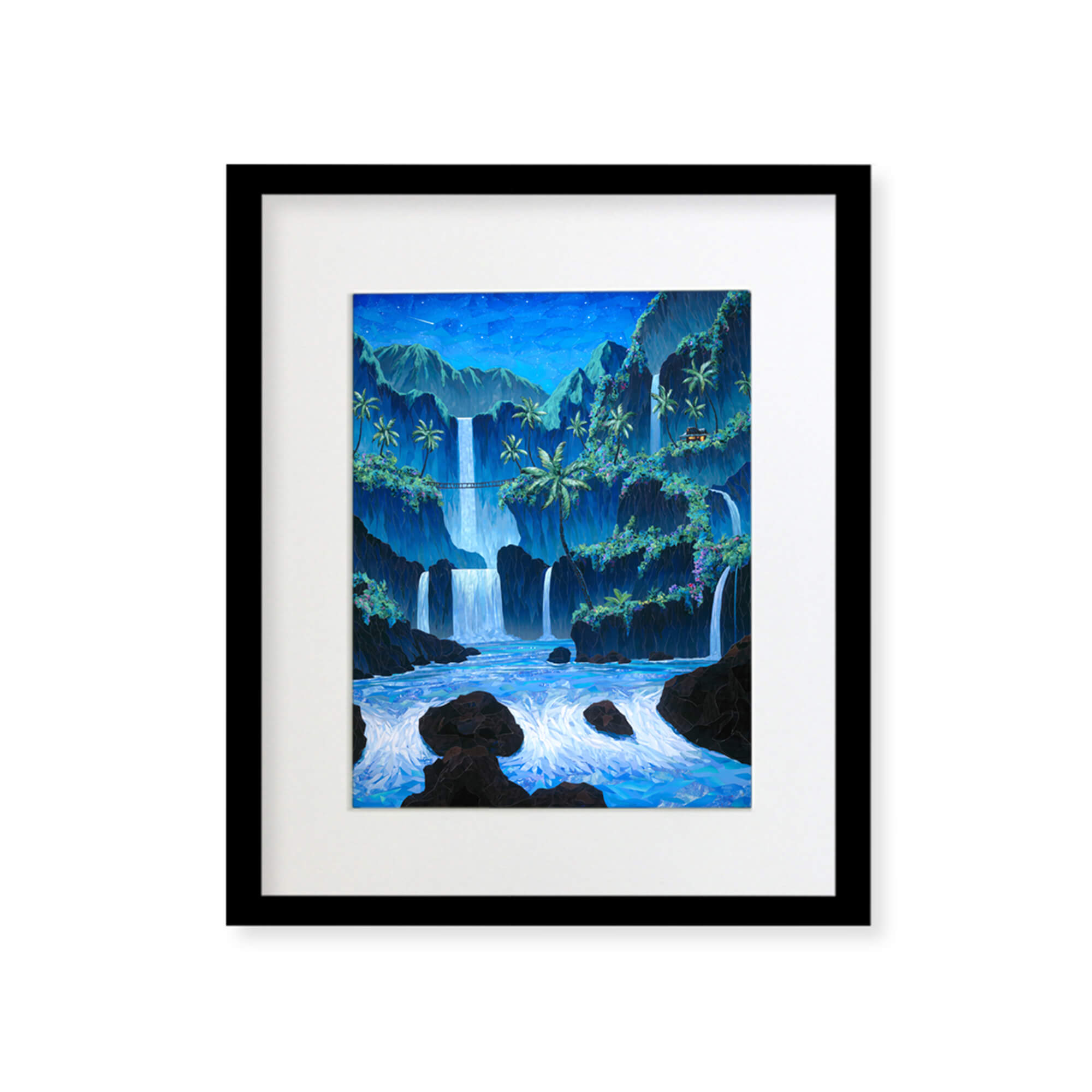 A framed matted art print featuring a collage of a dreamy tropical paradise with several waterfalls, surrounded by Mountains and colorful tropical flowers by Hawaii artist Patrick Parker