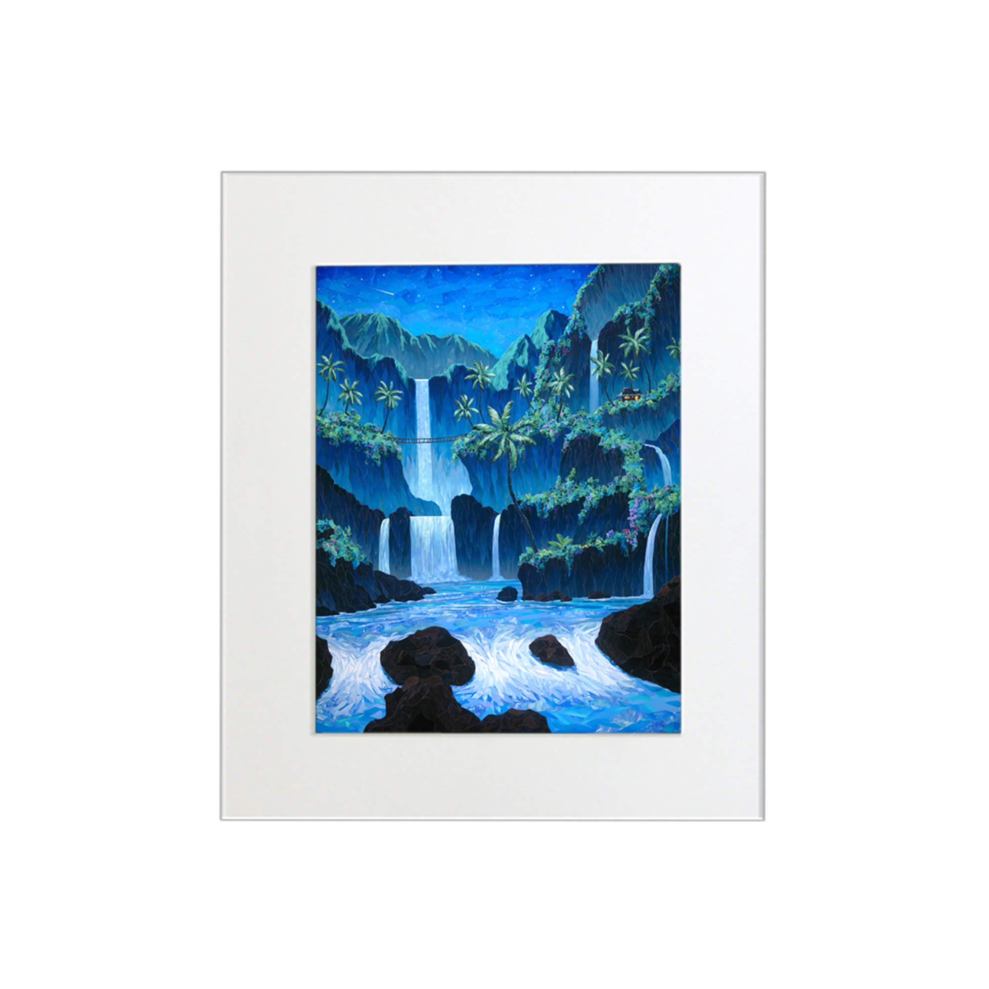 A matted art print featuring a collage of a dreamy tropical paradise with several waterfalls, surrounded by Mountains and colorful tropical flowers by Hawaii artist Patrick Parker
