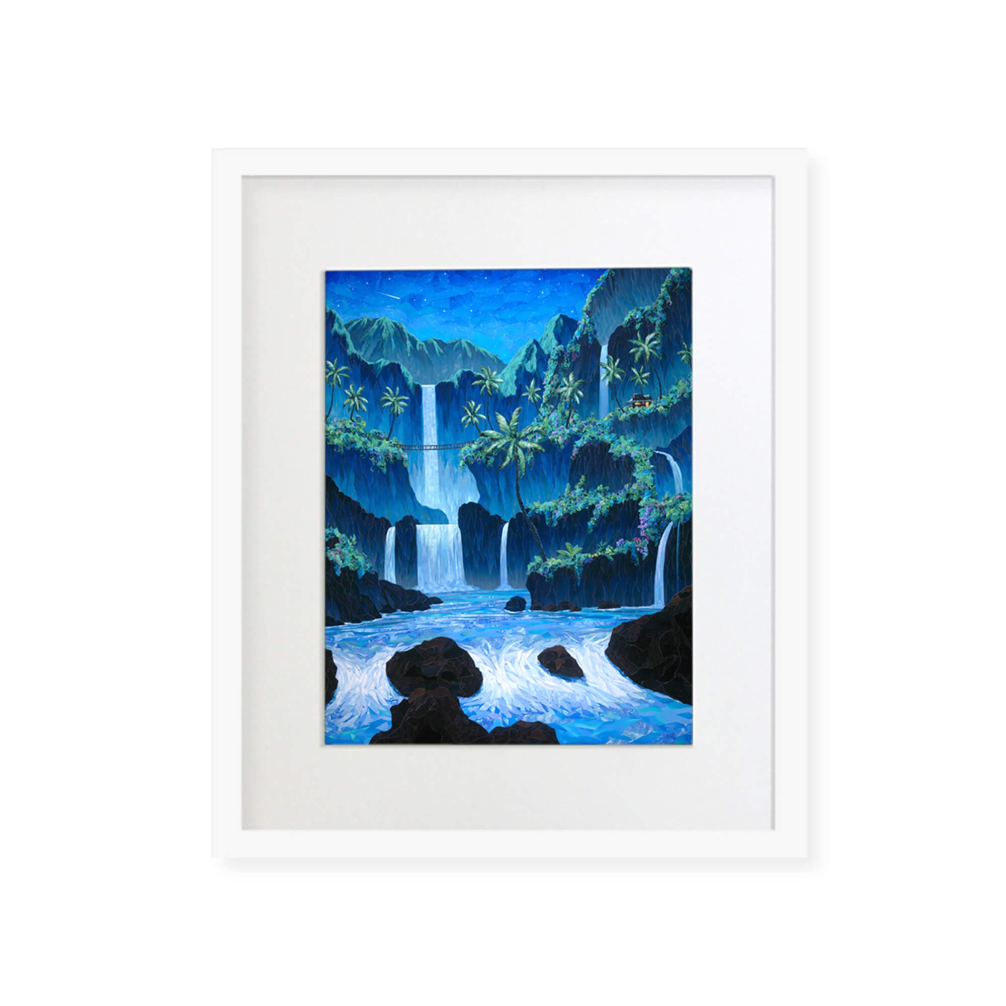 A framed matted art print featuring a collage of a dreamy tropical paradise with several waterfalls, surrounded by Mountains and colorful tropical flowers by Hawaii artist Patrick Parker