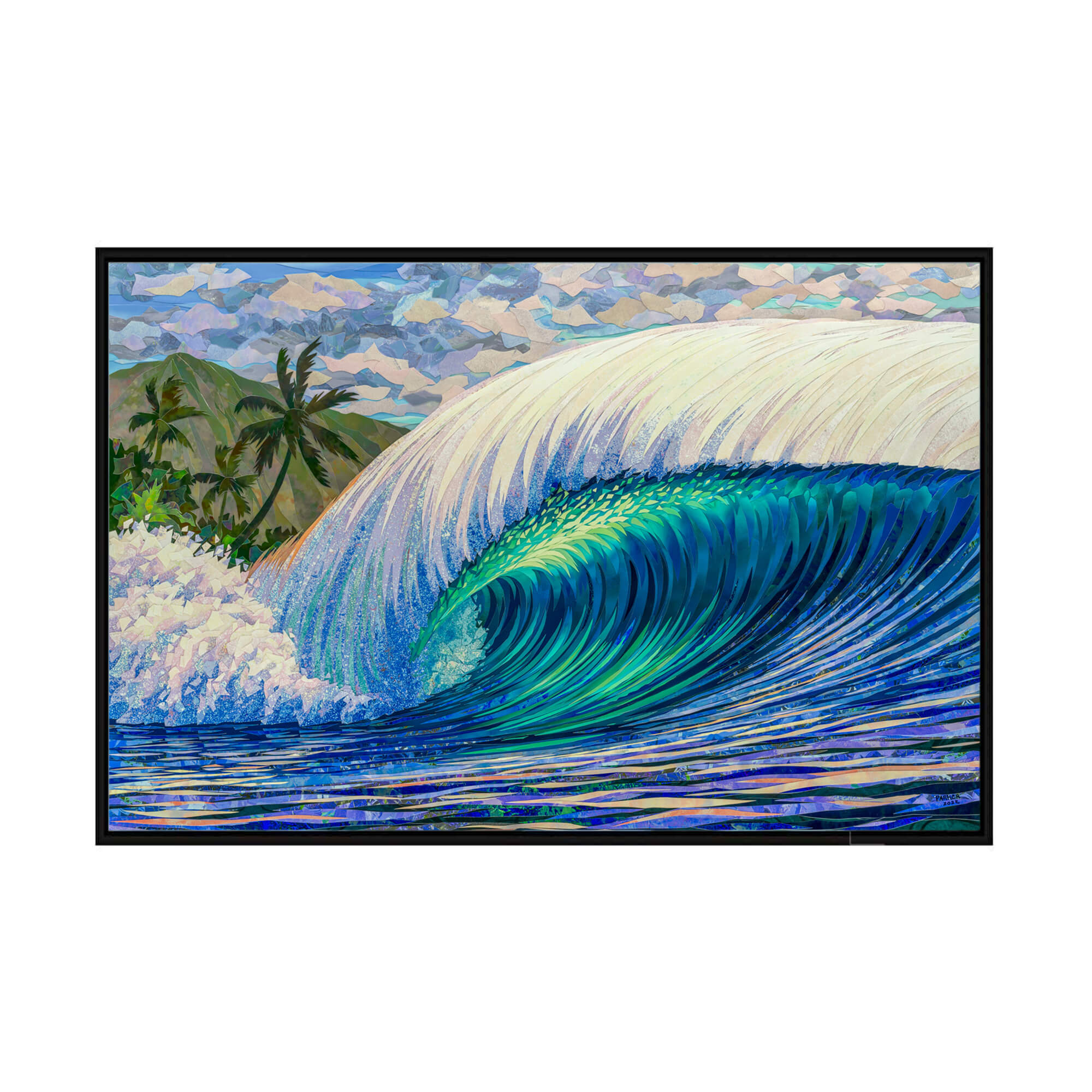 A framed canvas giclée art print featuring a collage of a large colorful rolling wave and a beautiful mountain background by Hawaii artist Patrick Parker