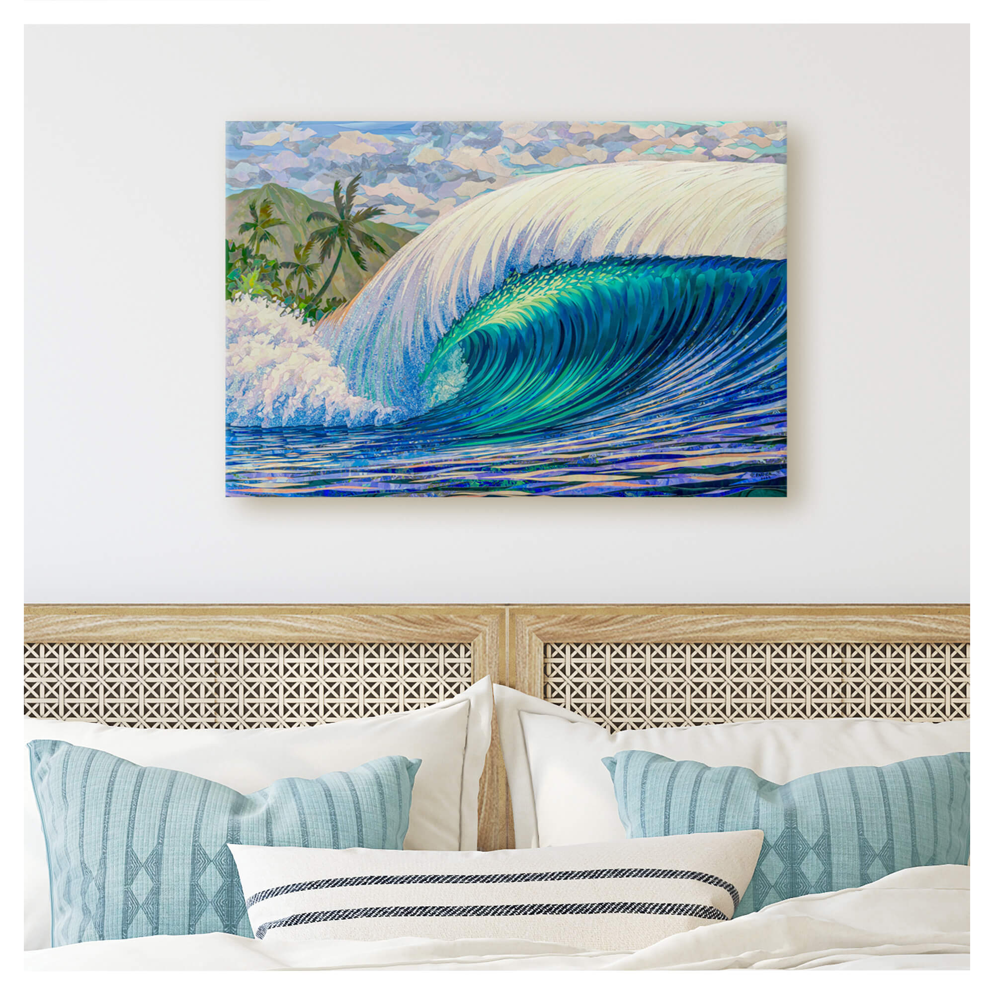 A canvas giclée art print featuring a collage of a large colorful rolling wave and a beautiful mountain background by Hawaii artist Patrick Parker