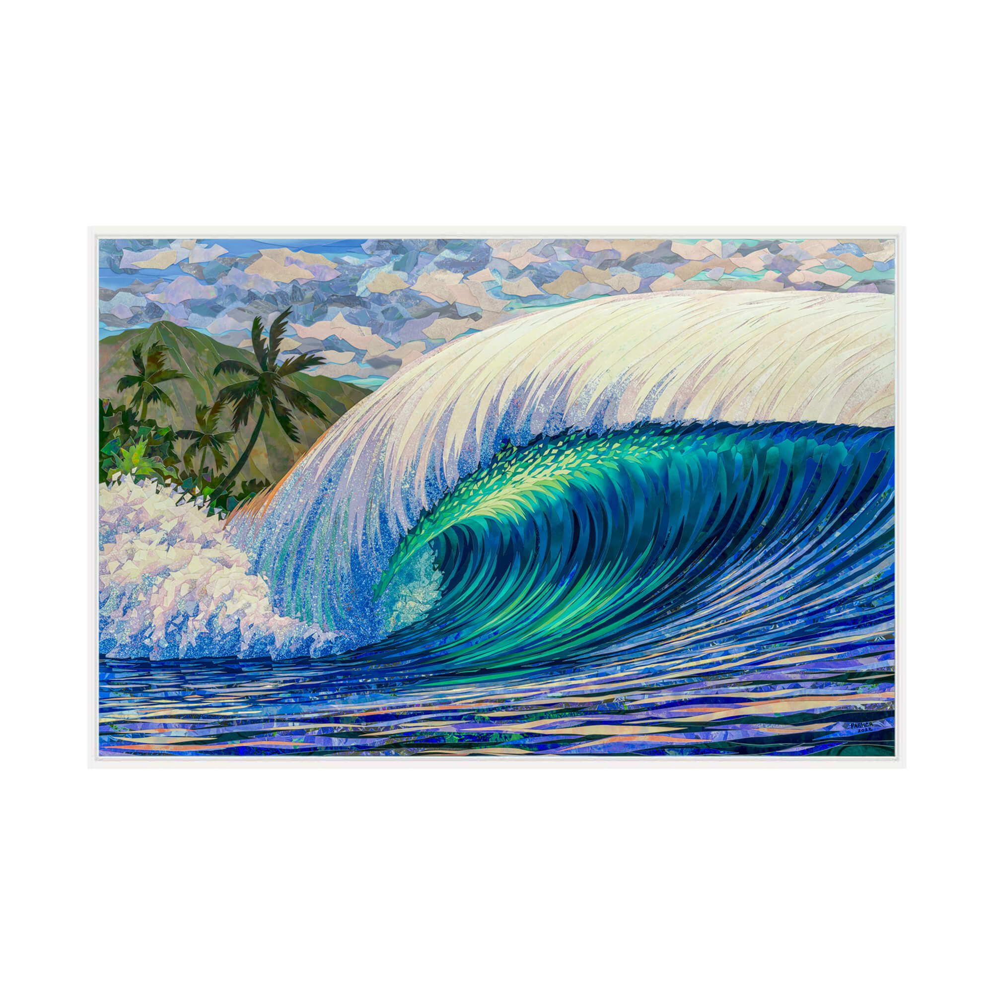 A framed canvas giclée art print featuring a collage of a large colorful rolling wave and a beautiful mountain background by Hawaii artist Patrick Parker