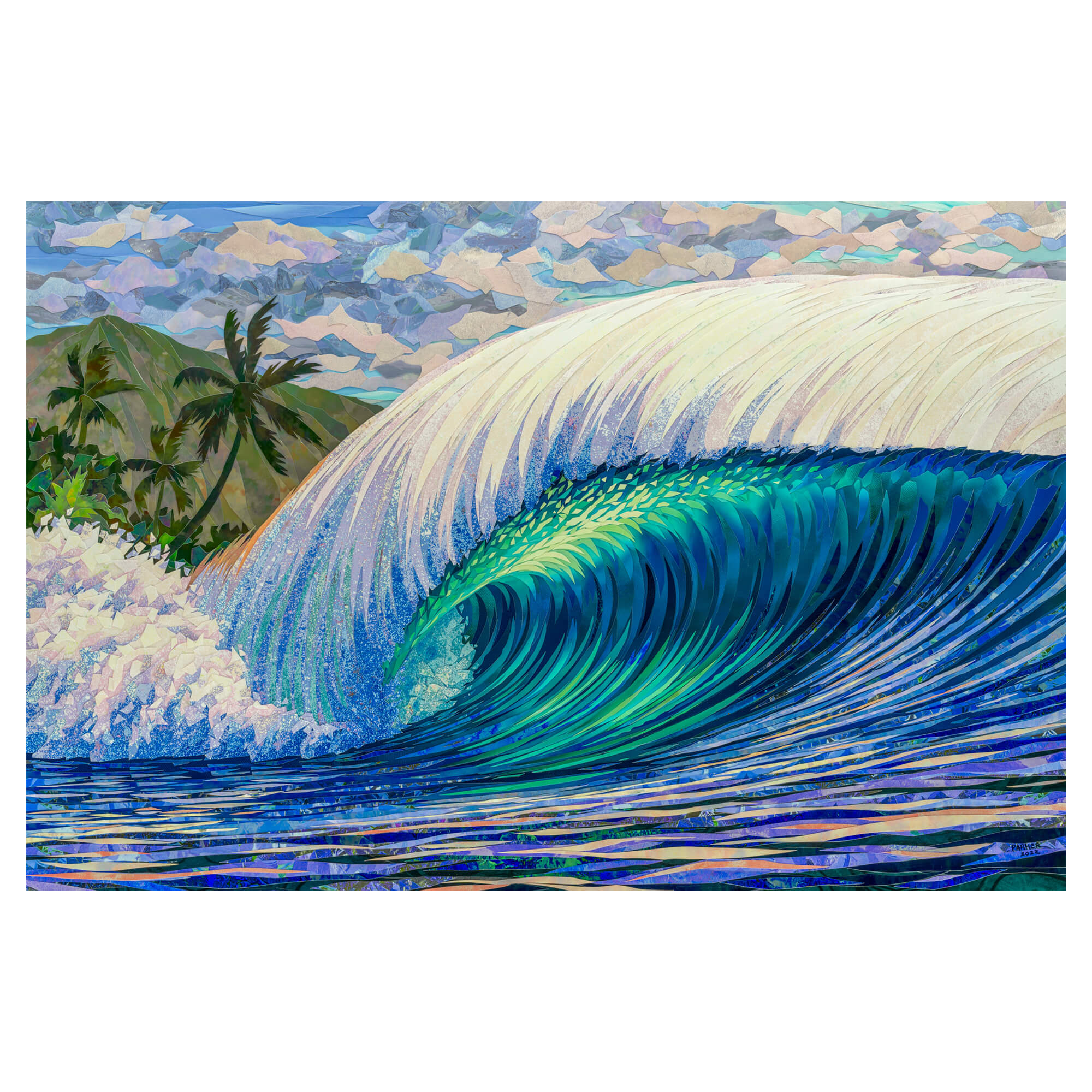 A canvas giclée art print featuring a collage of a large colorful rolling wave and a beautiful mountain background by Hawaii artist Patrick Parker