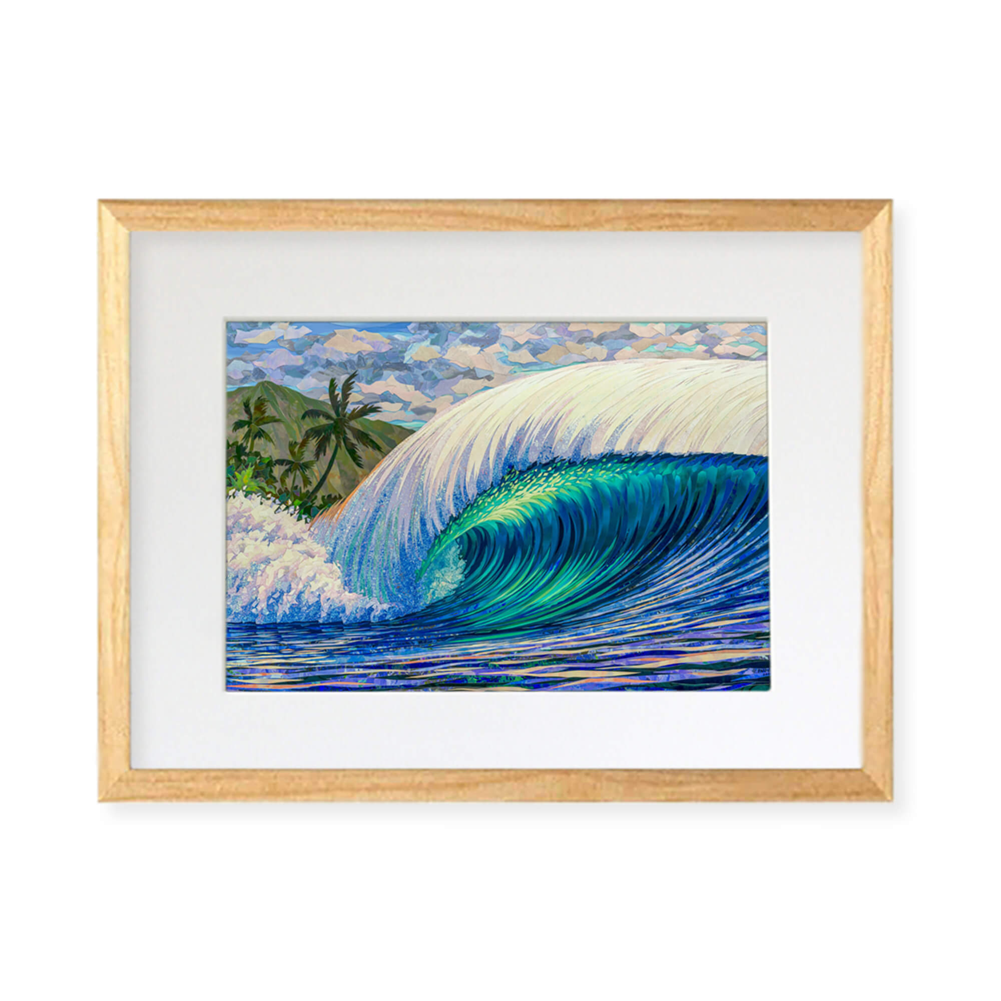 A framed matted art print featuring a collage of a large colorful rolling wave and a beautiful mountain background by Hawaii artist Patrick Parker