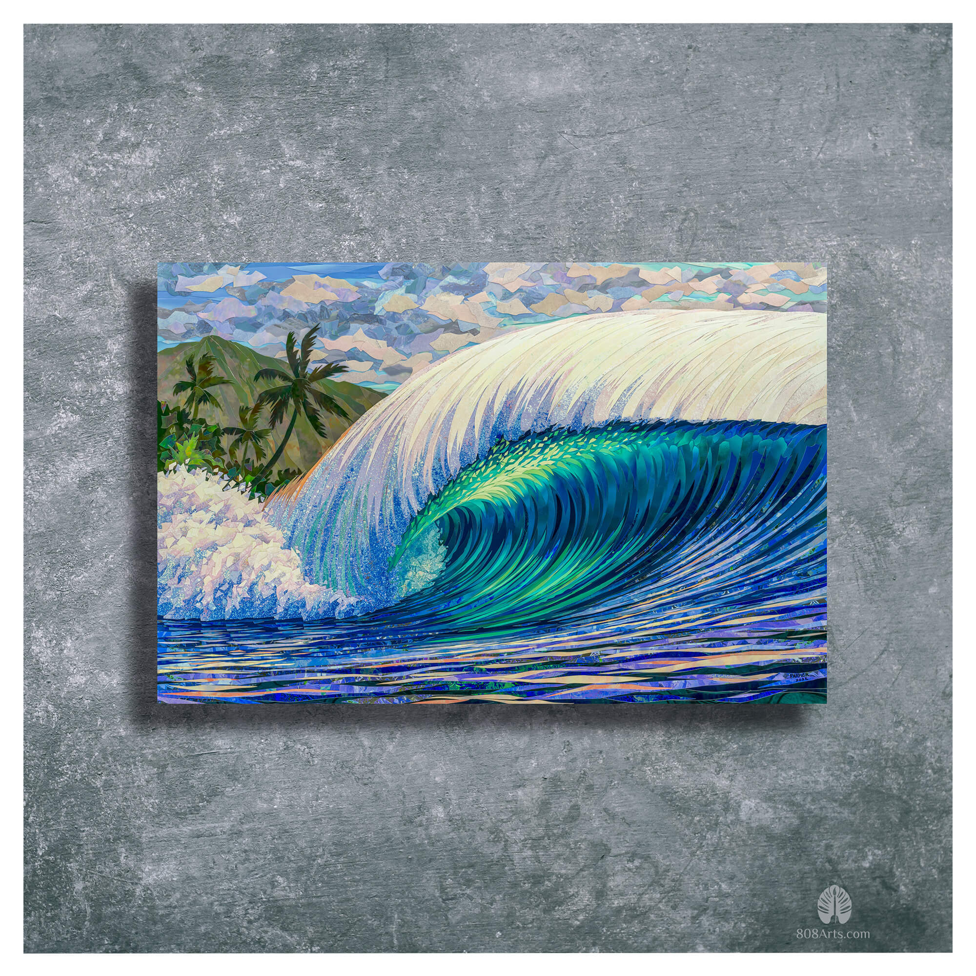 A metal art print featuring a collage of a large colorful rolling wave and a beautiful mountain background, by Maui artist Patrick Parker