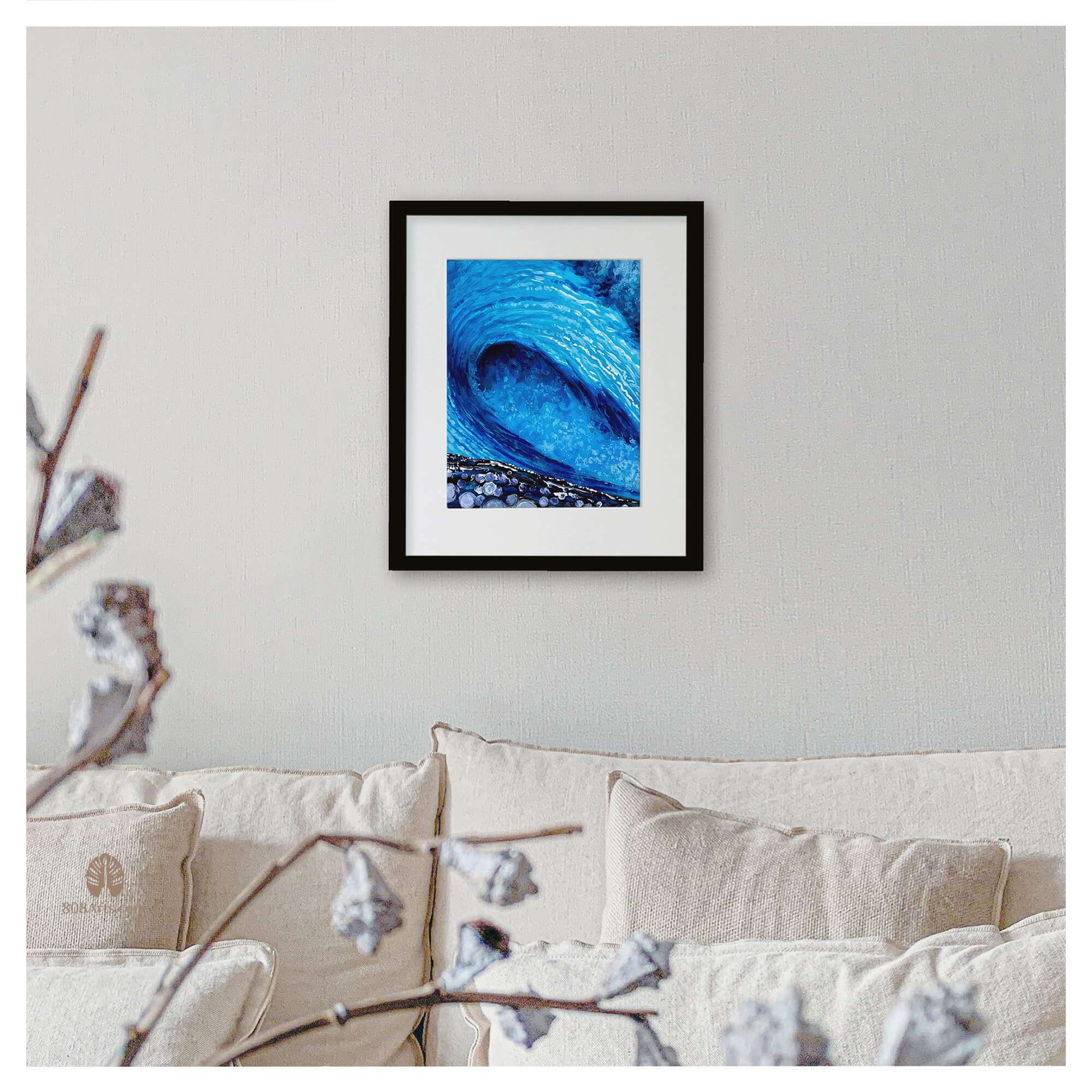 A wall artwork of an original painting featuring a large crashing blue wave by Maui artist Patrick Parker