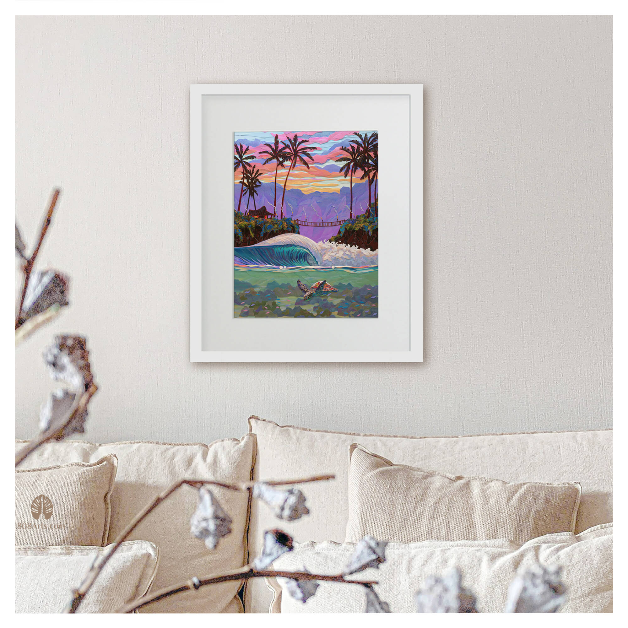 A framed matted art print featuring a collage of a beautiful seascape with a sea turtle swimming, a hut, and a gradient purple-pink-hued mountain background by Hawaii artist Patrick Parker