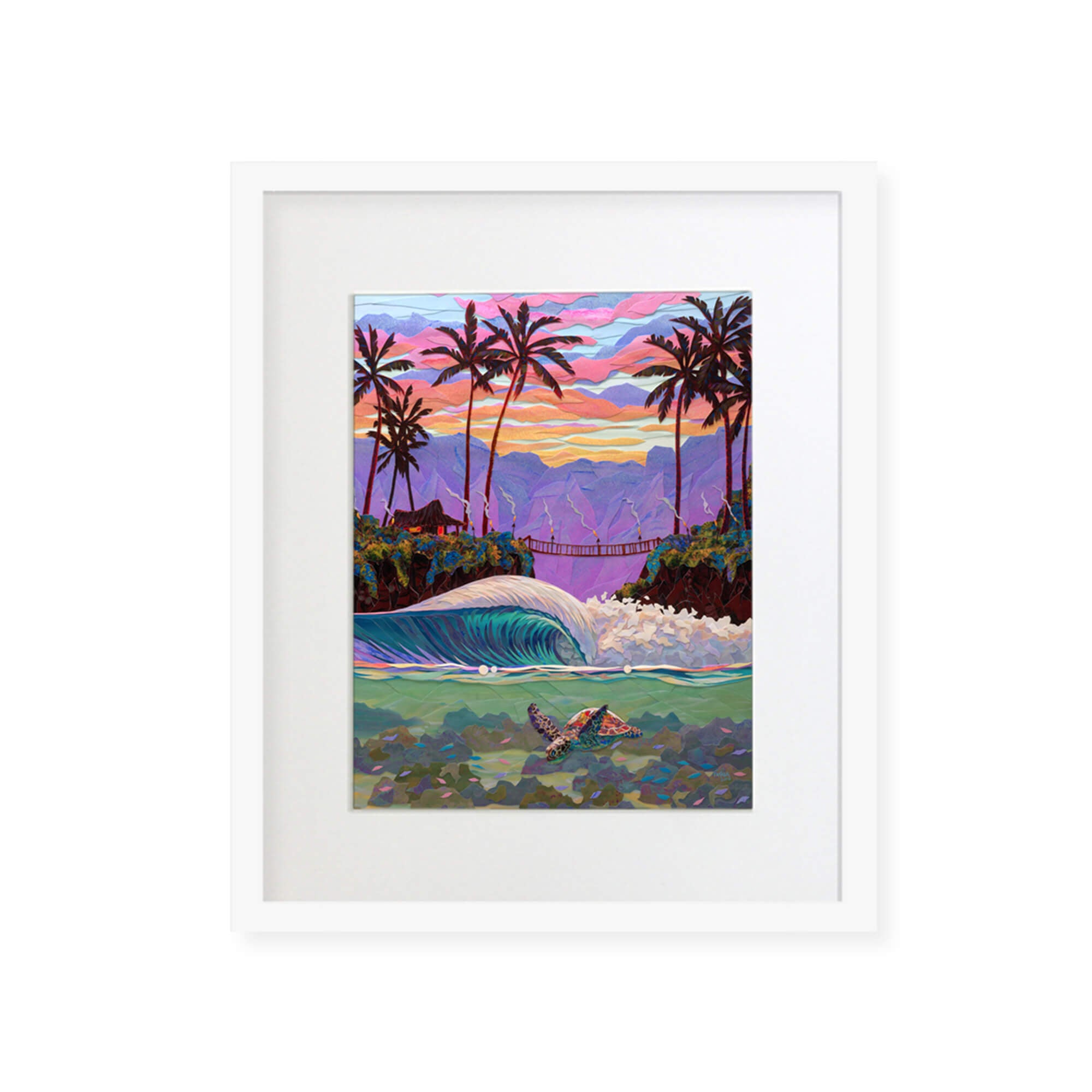 A framed matted art print featuring a collage of a beautiful seascape with a sea turtle swimming, a hut, and a gradient purple-pink-hued mountain background by Hawaii artist Patrick Parker