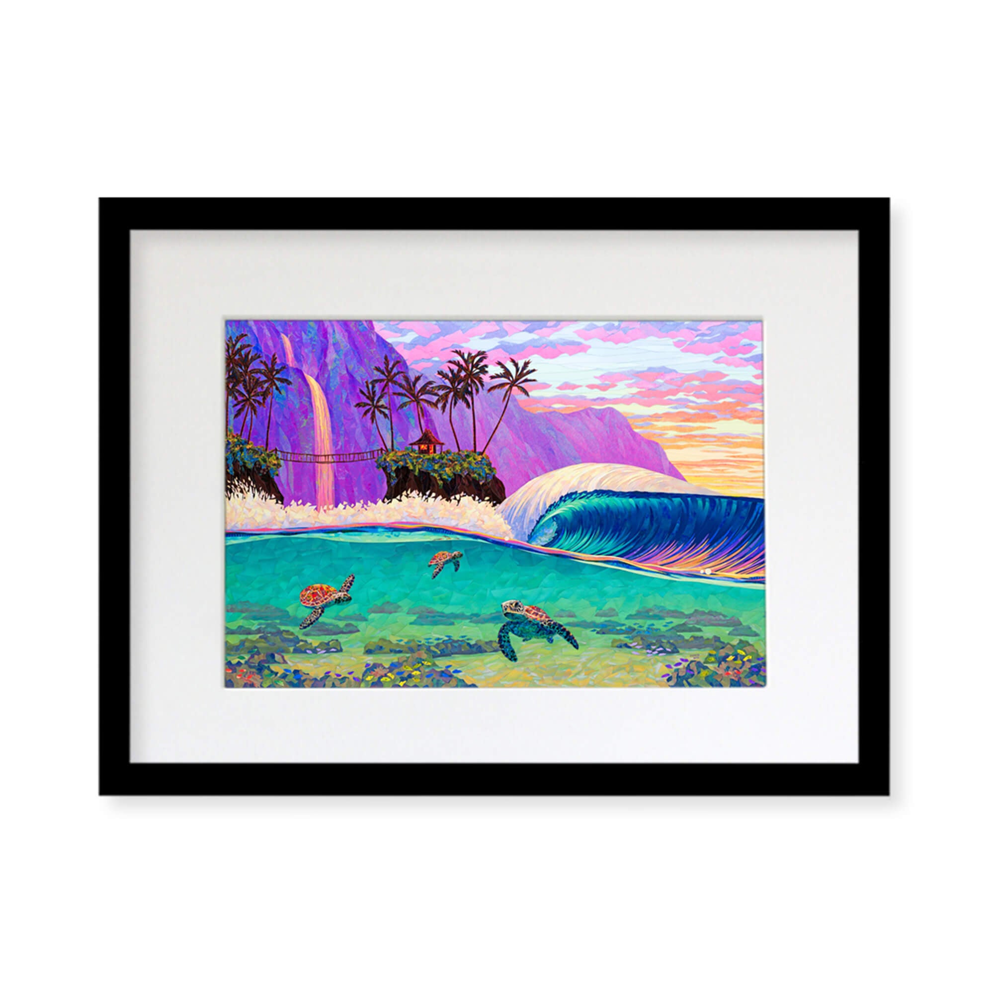 A framed matted art print featuring a collage of a stunning seascape with three sea turtles, a hut on an island, and a colorful mountain with a waterfall background by Hawaii artist Patrick Parker